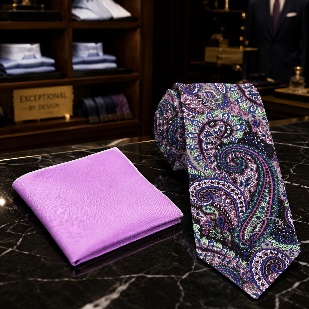 A purple silk necktie with a detailed paisley pattern and a matching solid purple pocket square, displayed on a black marble table in a luxury retail setting.