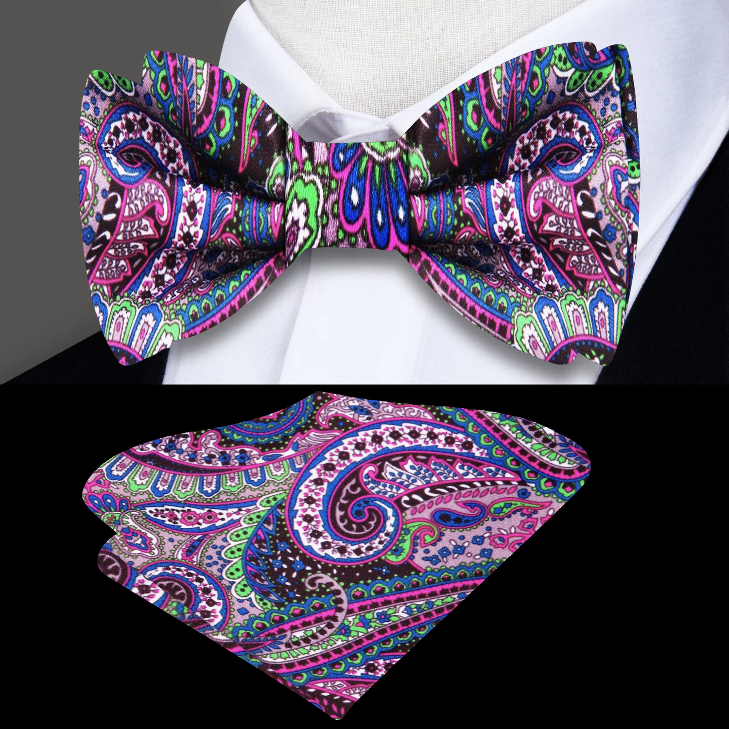 Main: A Green, Purple, Pink, Brown Paisley Pattern Silk Self Tie With Matching Pocket Square