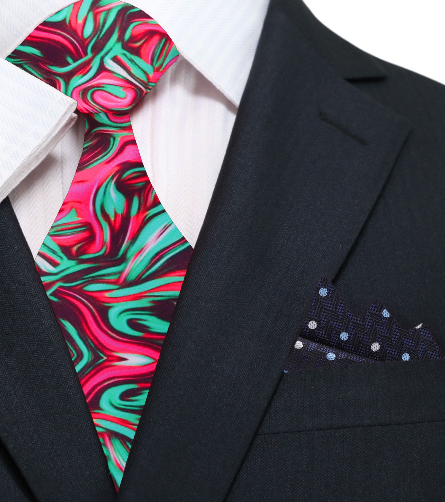 Pink, green and deep red abstract swirl necktie and accenting blue dot square