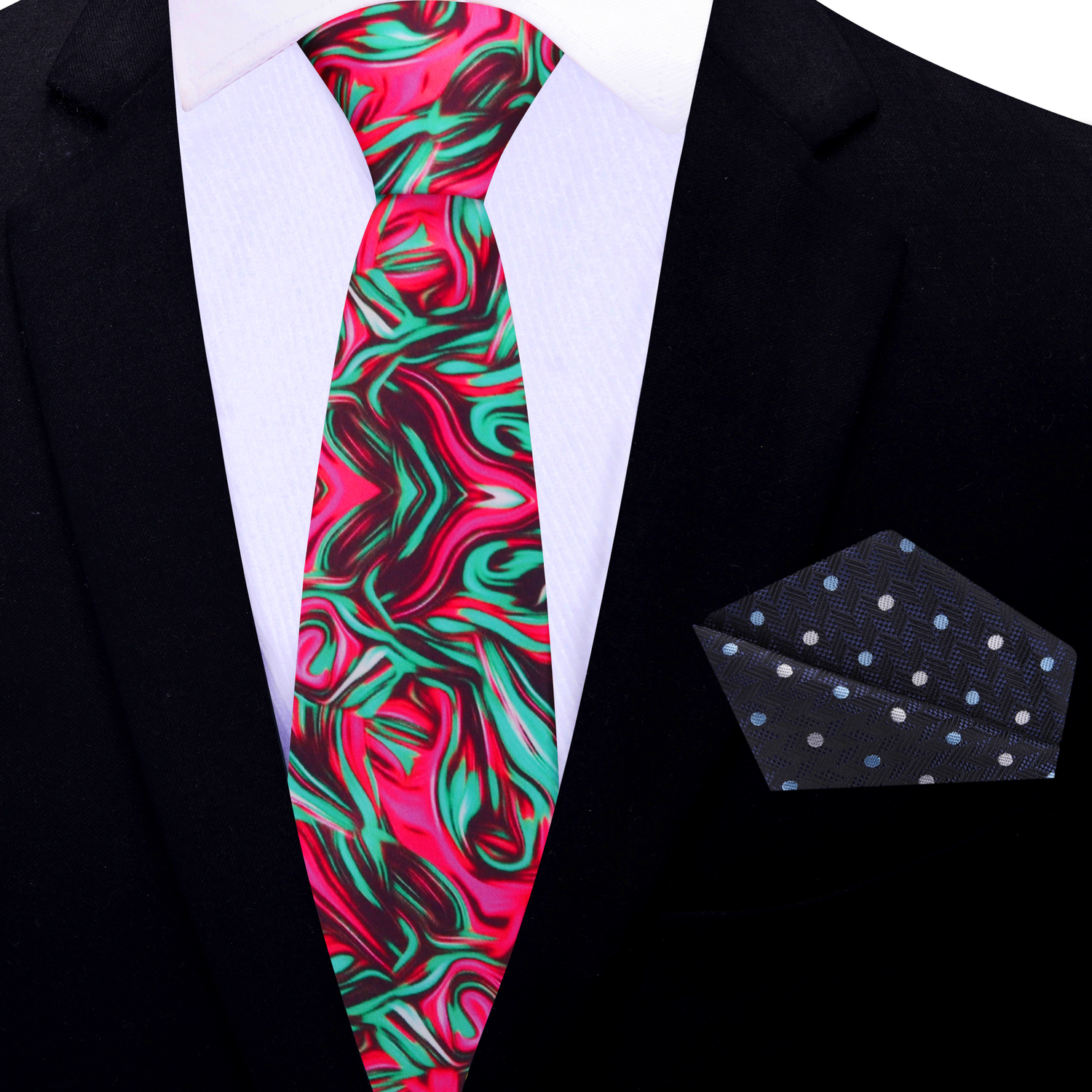 Thin Tie: Pink, green and deep red abstract swirl necktie and accenting blue dot square
