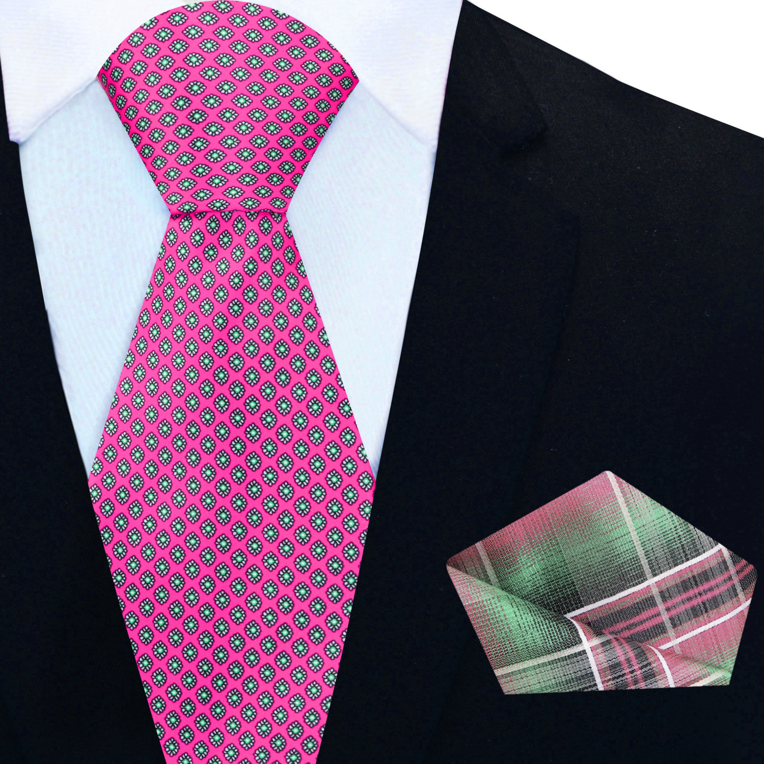 View 2: Pink Medallions Necktie and Plaid Square