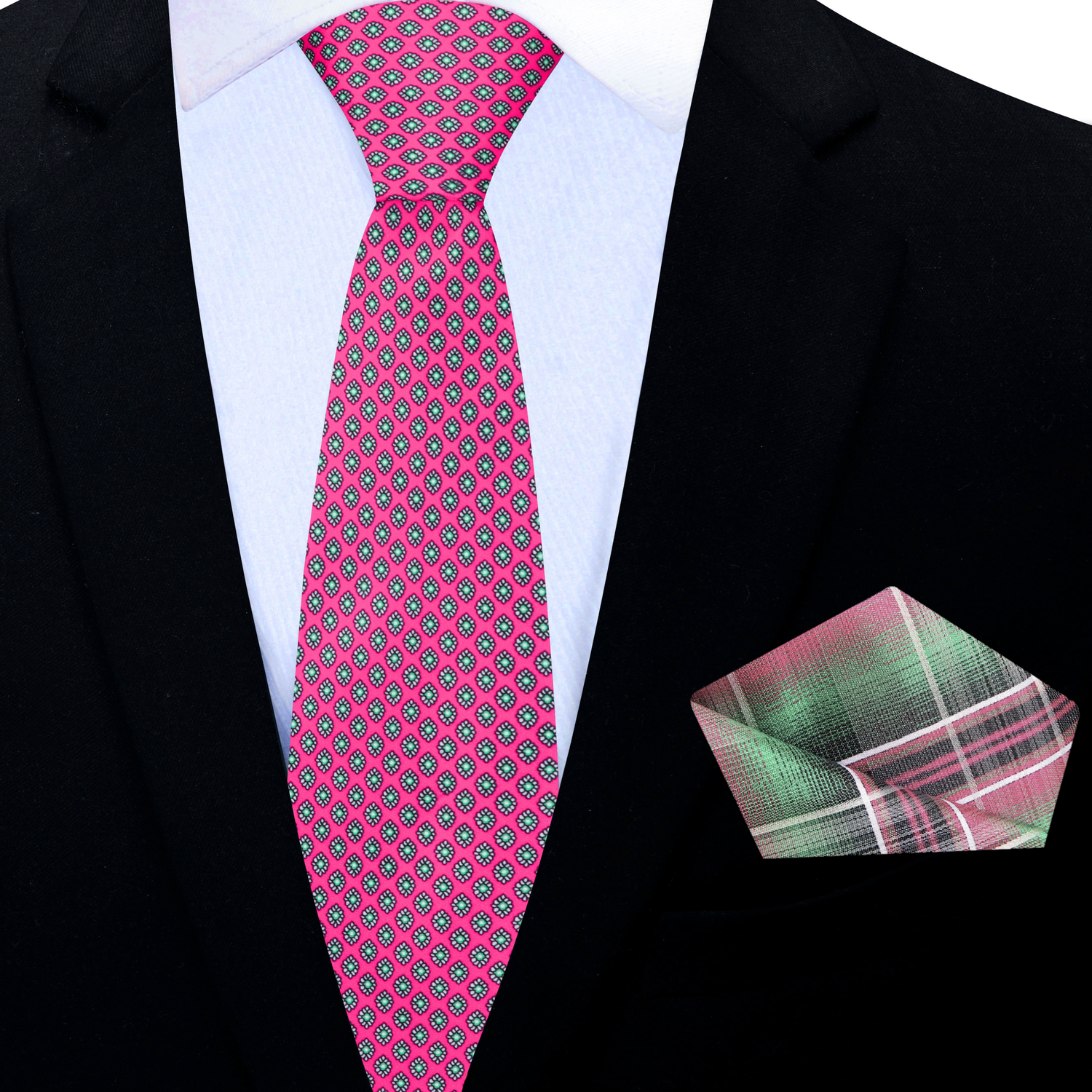 Thin Tie: Pink Medallions Necktie and Plaid Square