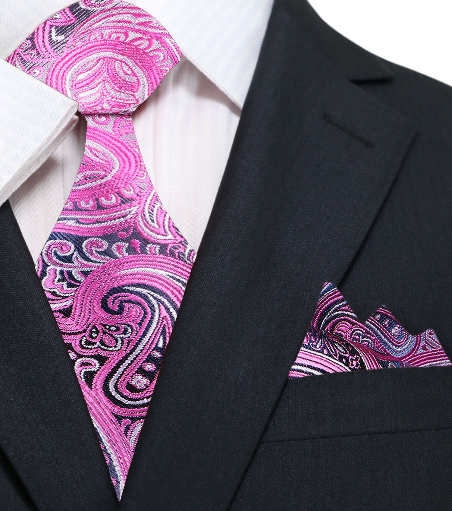 A Steel Grey, Pink Paisley Pattern Silk Necktie, Matching Pocket Square||Pink, Grey