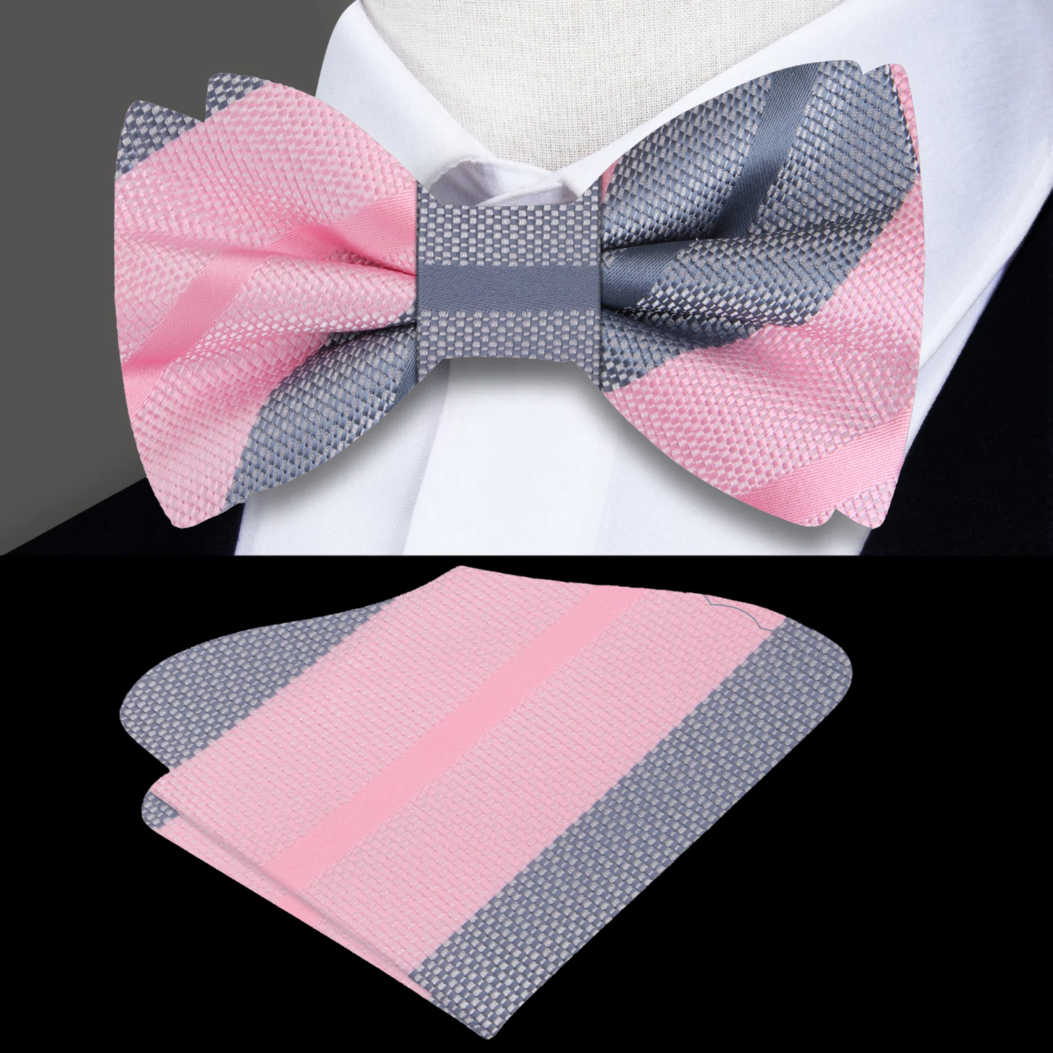 Pink Grey Stripe Bow Tie and Square