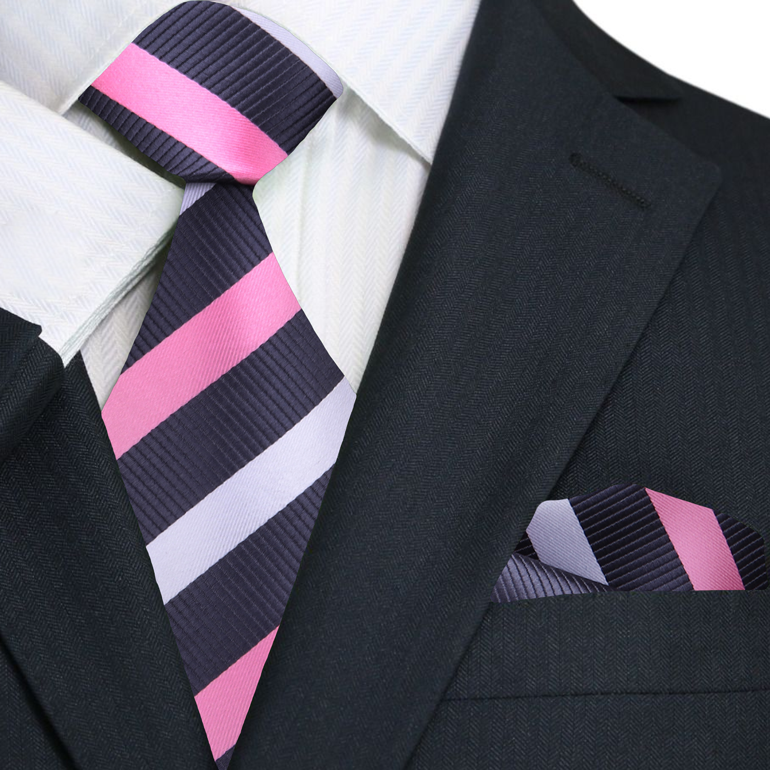 Black suit with a pink and purple striped tie and matching pocket square.