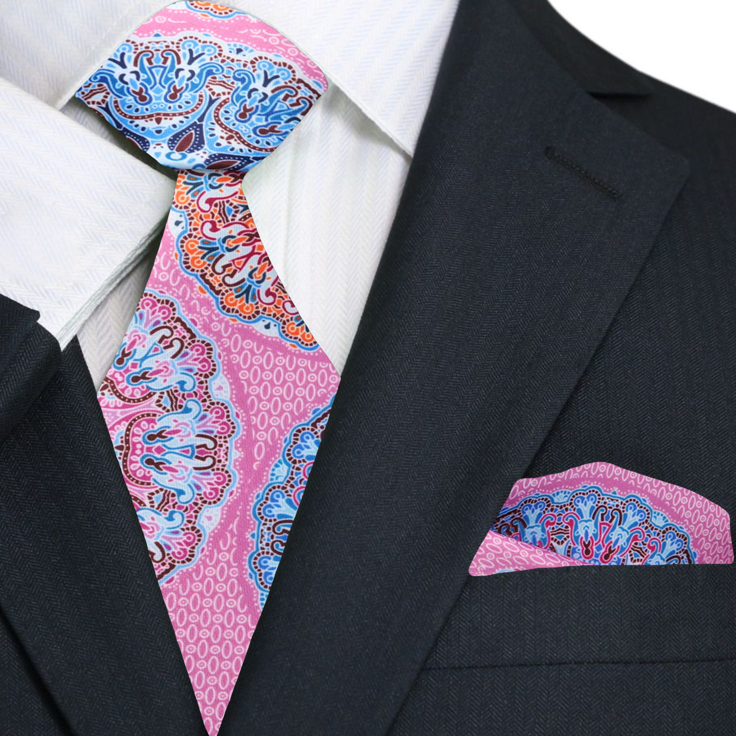 Main View: Self Tie Pink, Light Blue, Orange Abstract Tie and Pocket Square