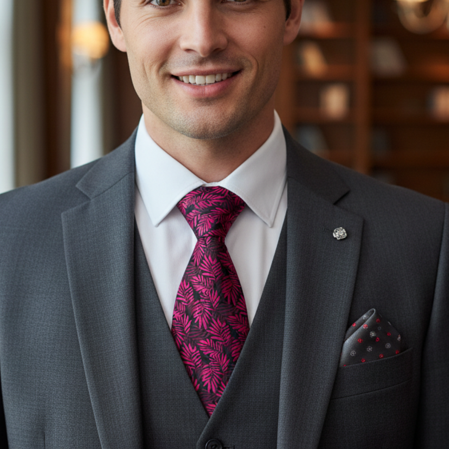 Man wearing a gray suit with a pink tie and pocket square, smiling.