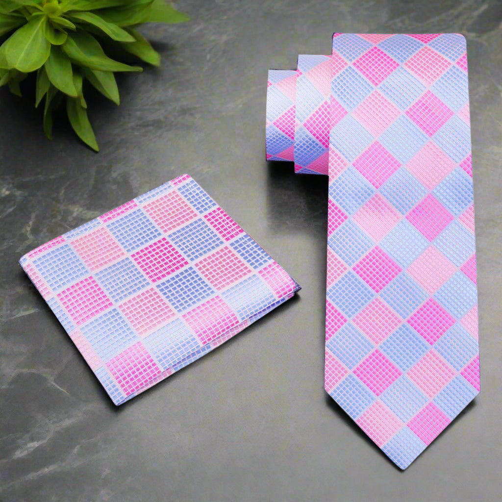 Pink and blue checkered tie and pocket square view 2