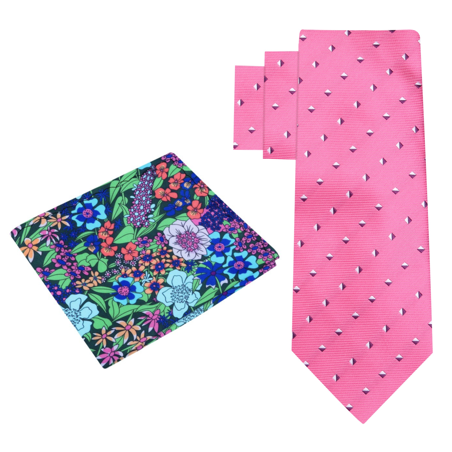 Alt View: Pink, White Geometric Tie and Accenting Pocket Square