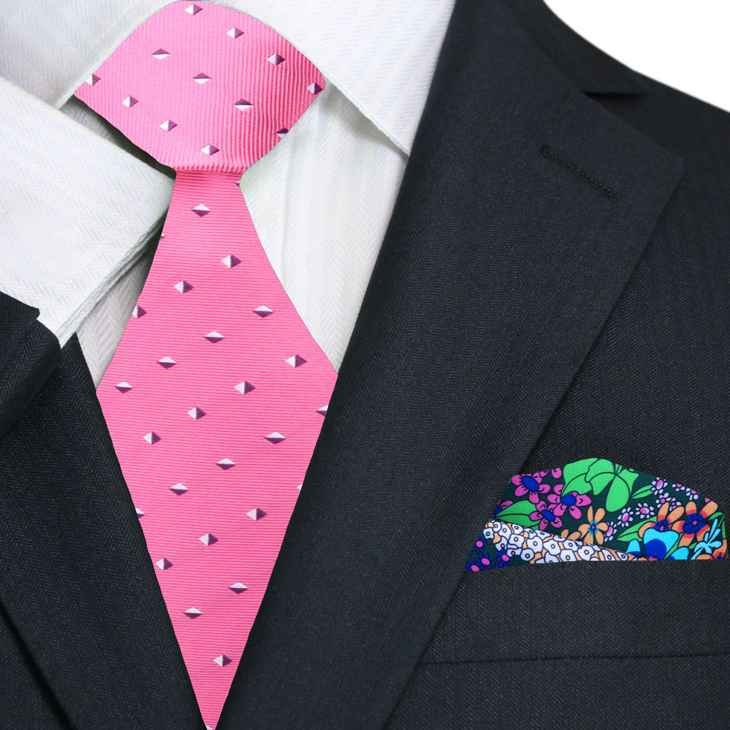 Premium Pink, White Geometric Tie and Accenting Pocket Square