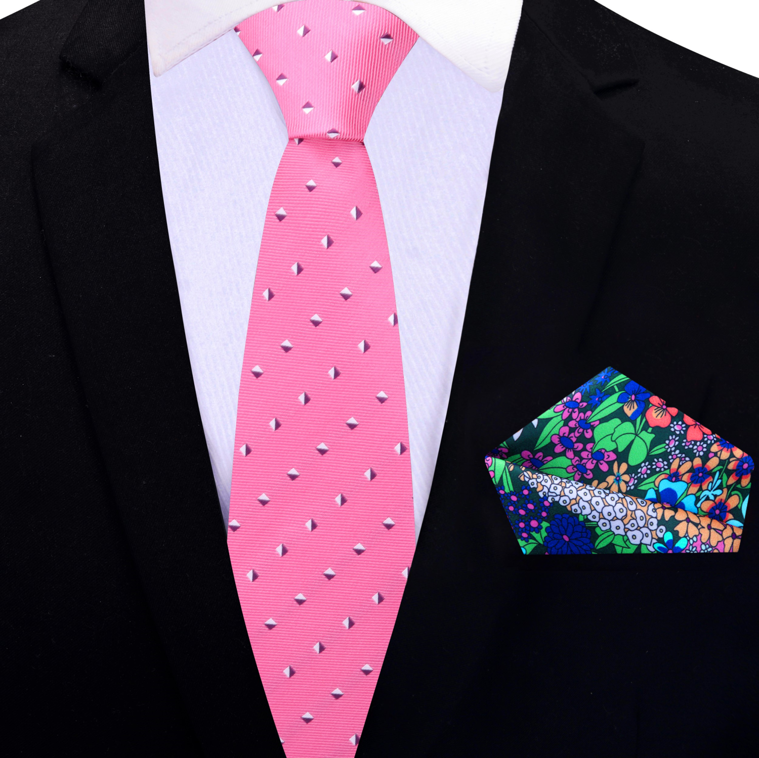 Thin Pink, White Geometric Tie and Accenting Pocket Square