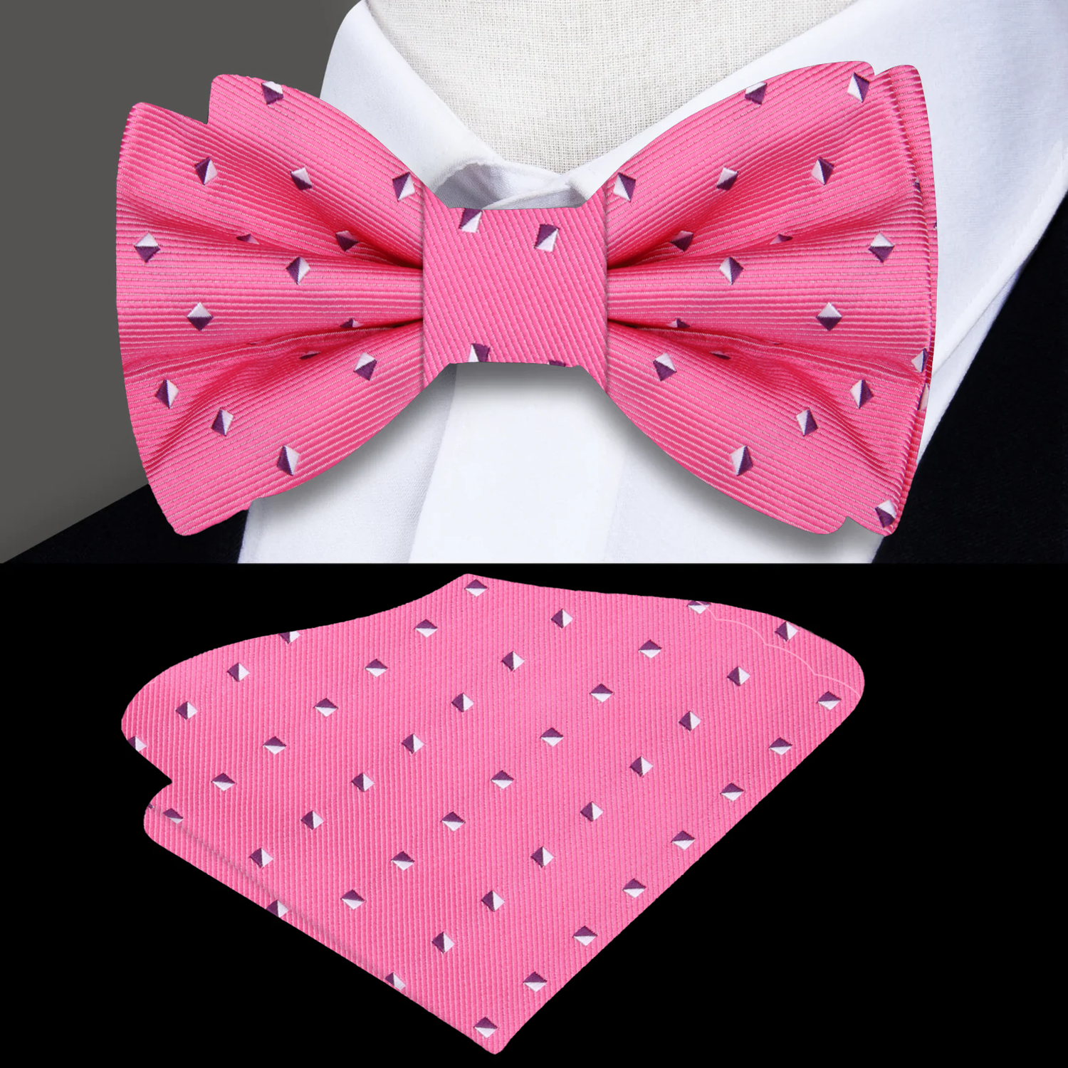 Pink, White Diamonds Bow Tie and Pocket Square