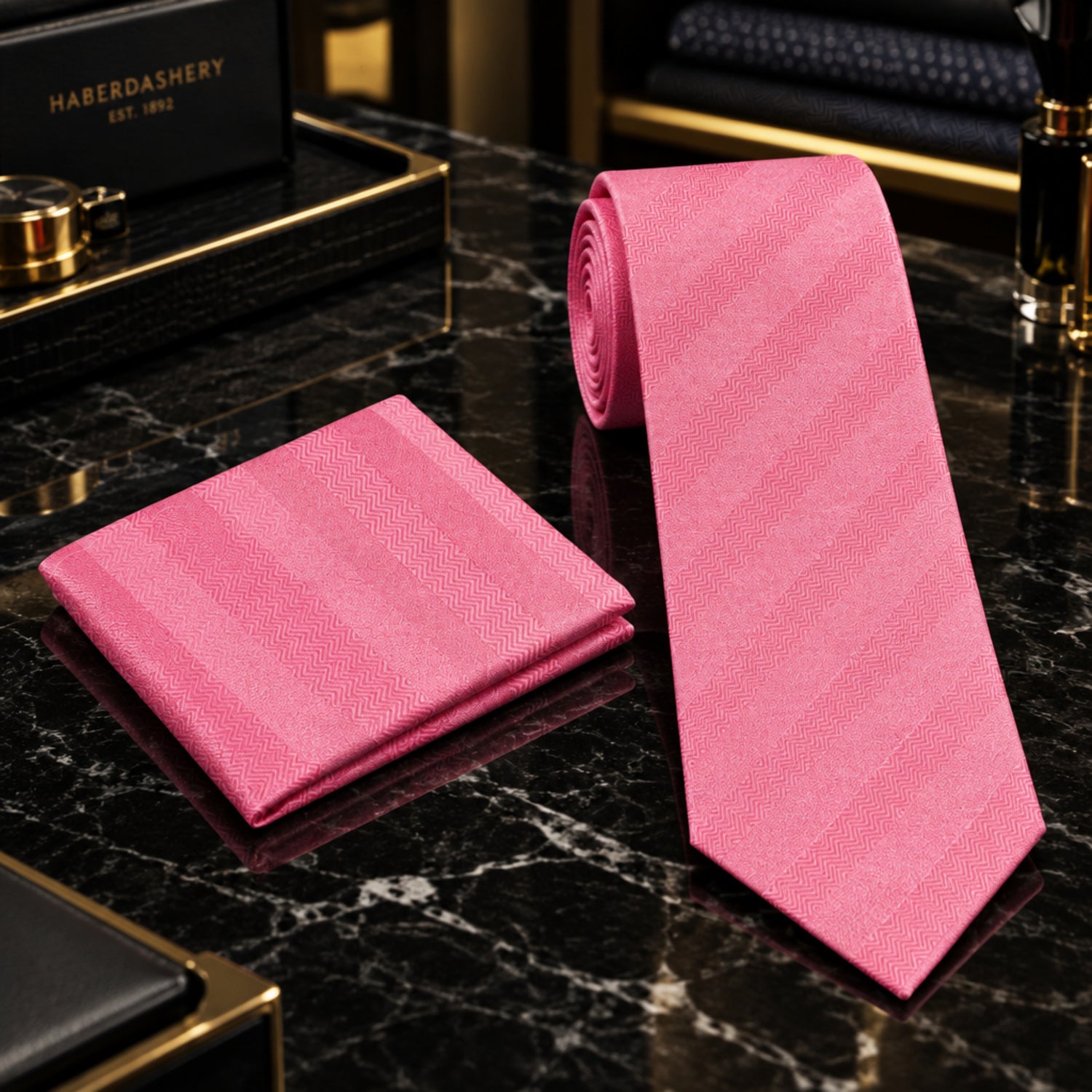 pink solid with stripe texture tie and square