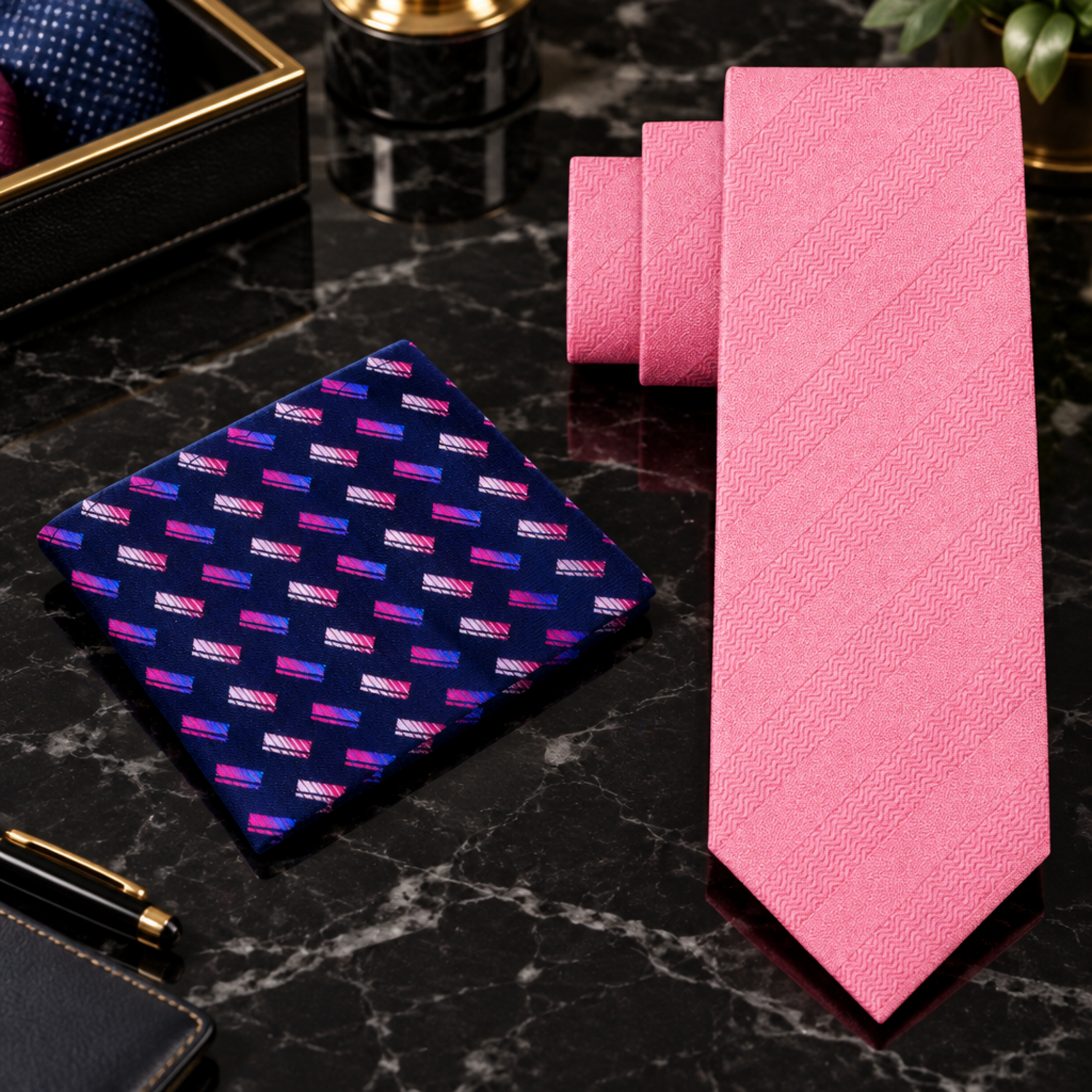 pink solid with stripe texture tie and accenting square