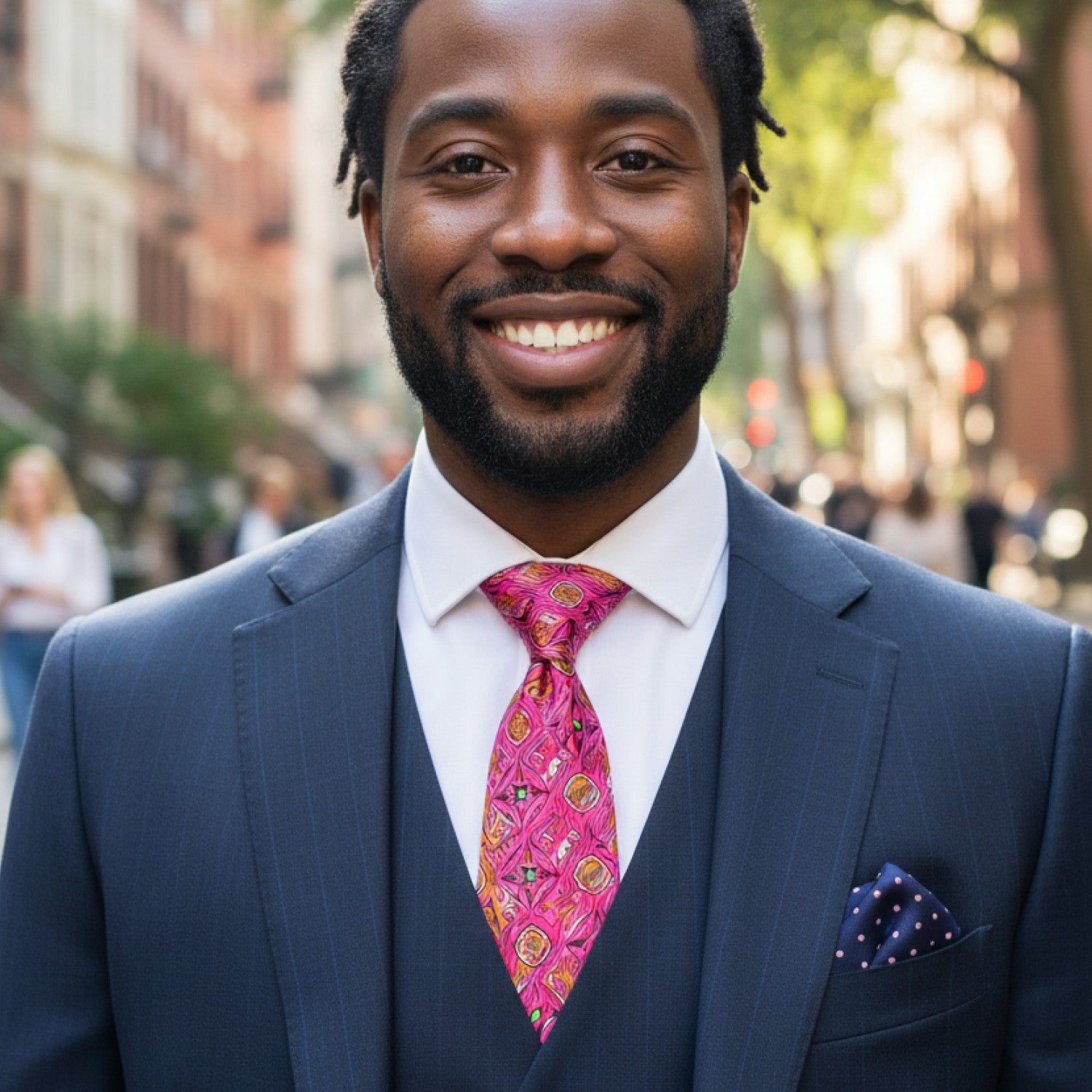 Man in a navy suit with a pink tie standing on a city street