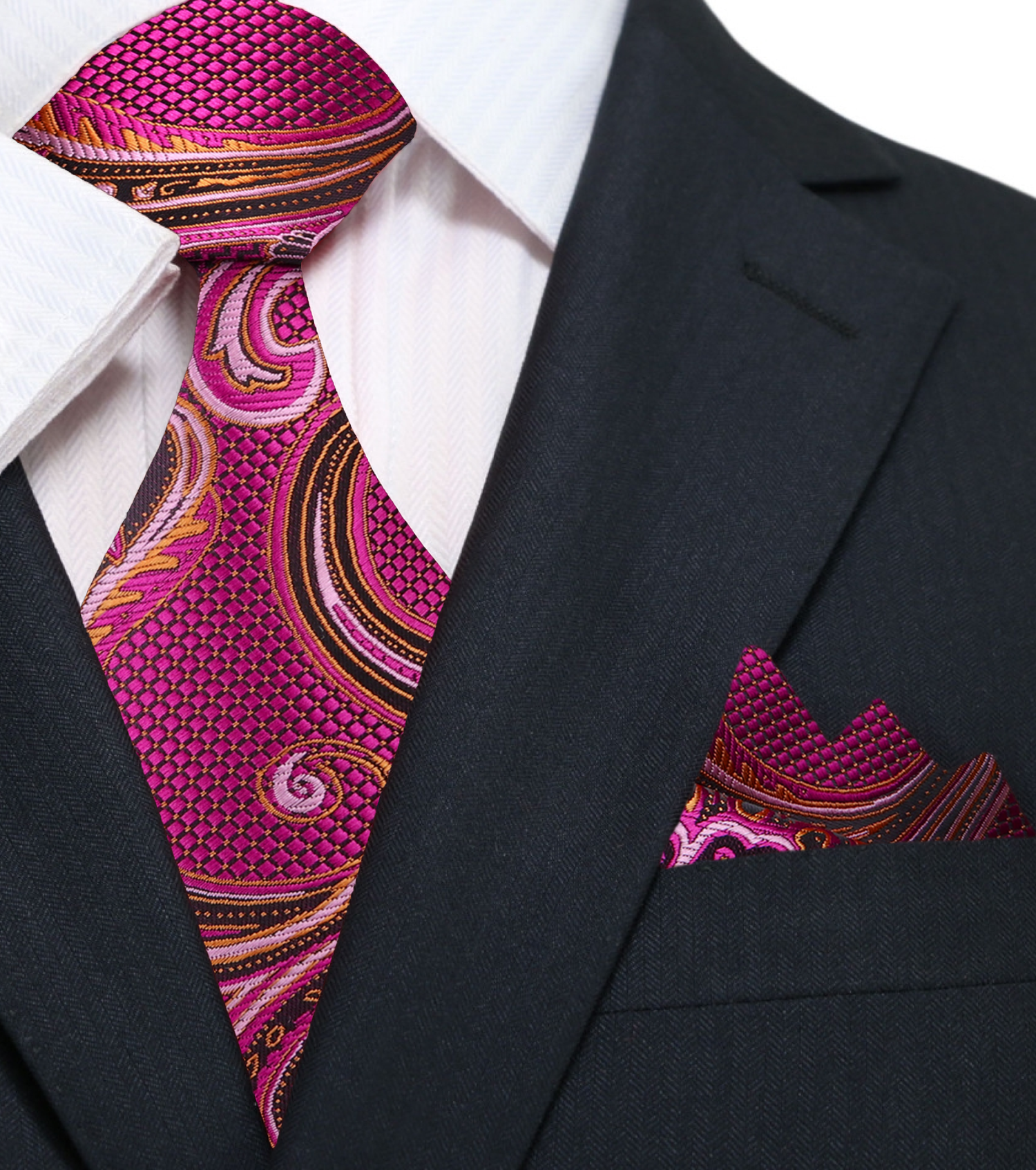 Pink, Orange, Black Color Paisley Pattern Silk Necktie, Matching Pocket Square