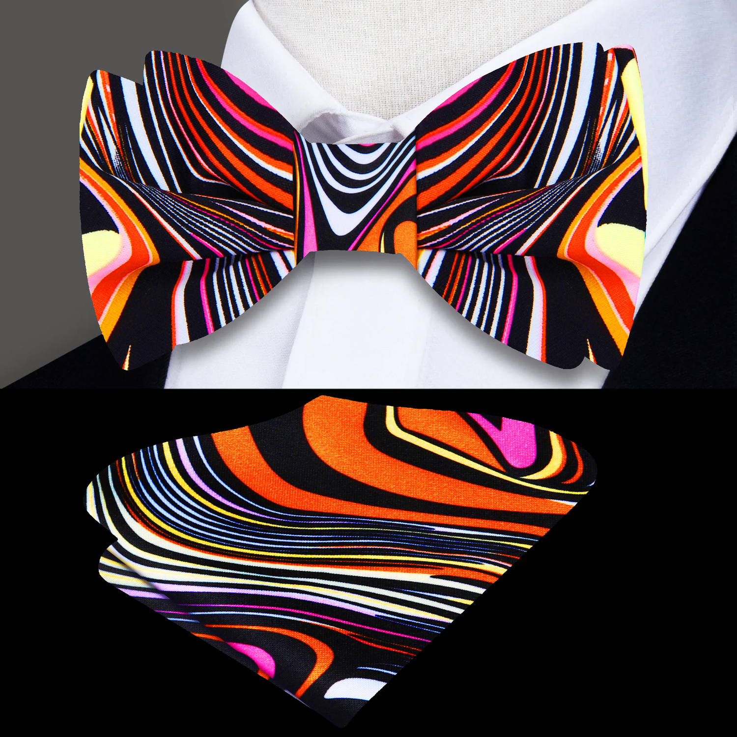 Main View: Orange, Red, Pink Abstract Bow Tie and Pocket Square||Orange, Pink, Black, White