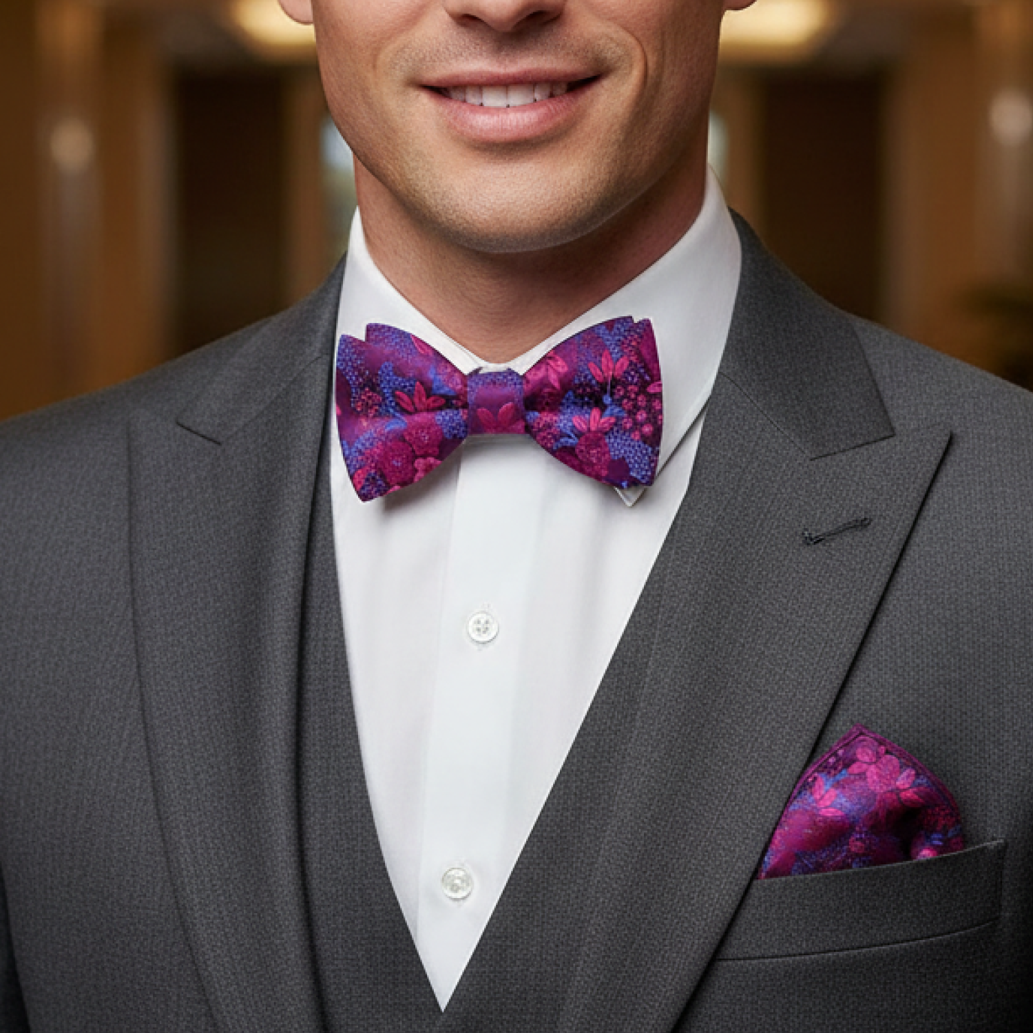 Man wearing a gray suit with a colorful bow tie and pocket square.