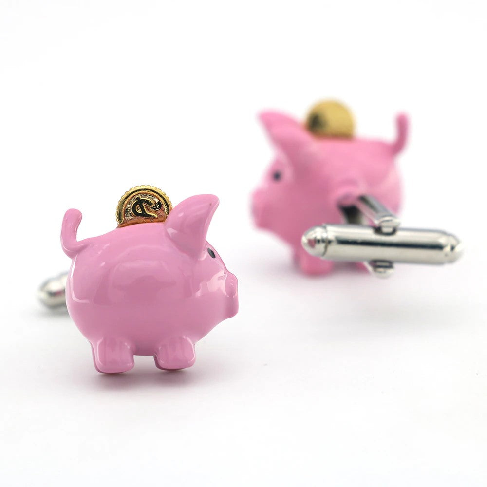 View 2: Pink and Gold Piggie Bank with Coin Cufflinks