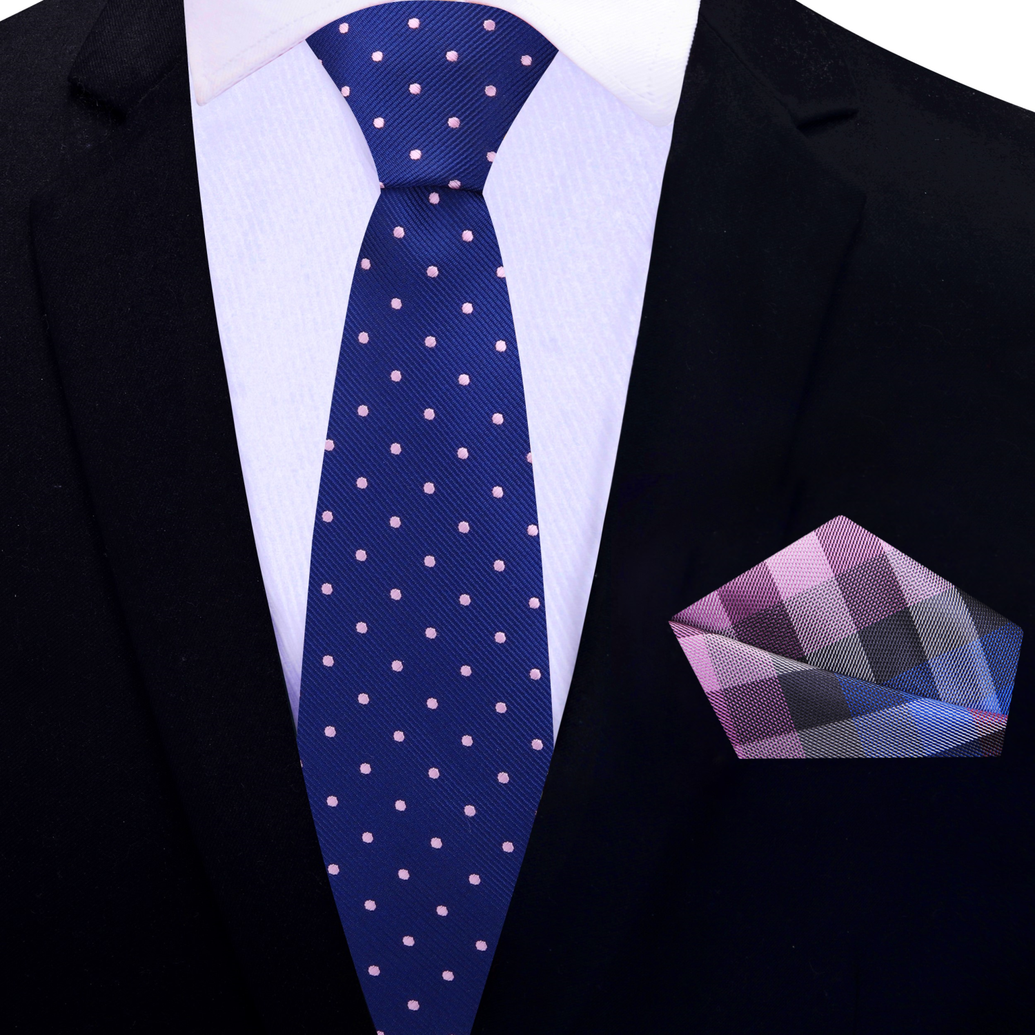 Thin Blue with Pink Dots Necktie and Plaid Square