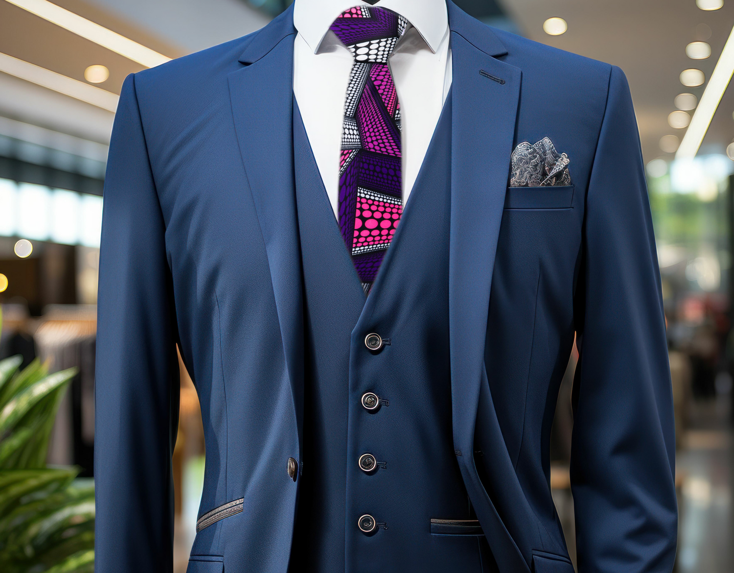 Purple, Pink and White Abstract Polka Necktie on Mannequin Wearing Blue Suit