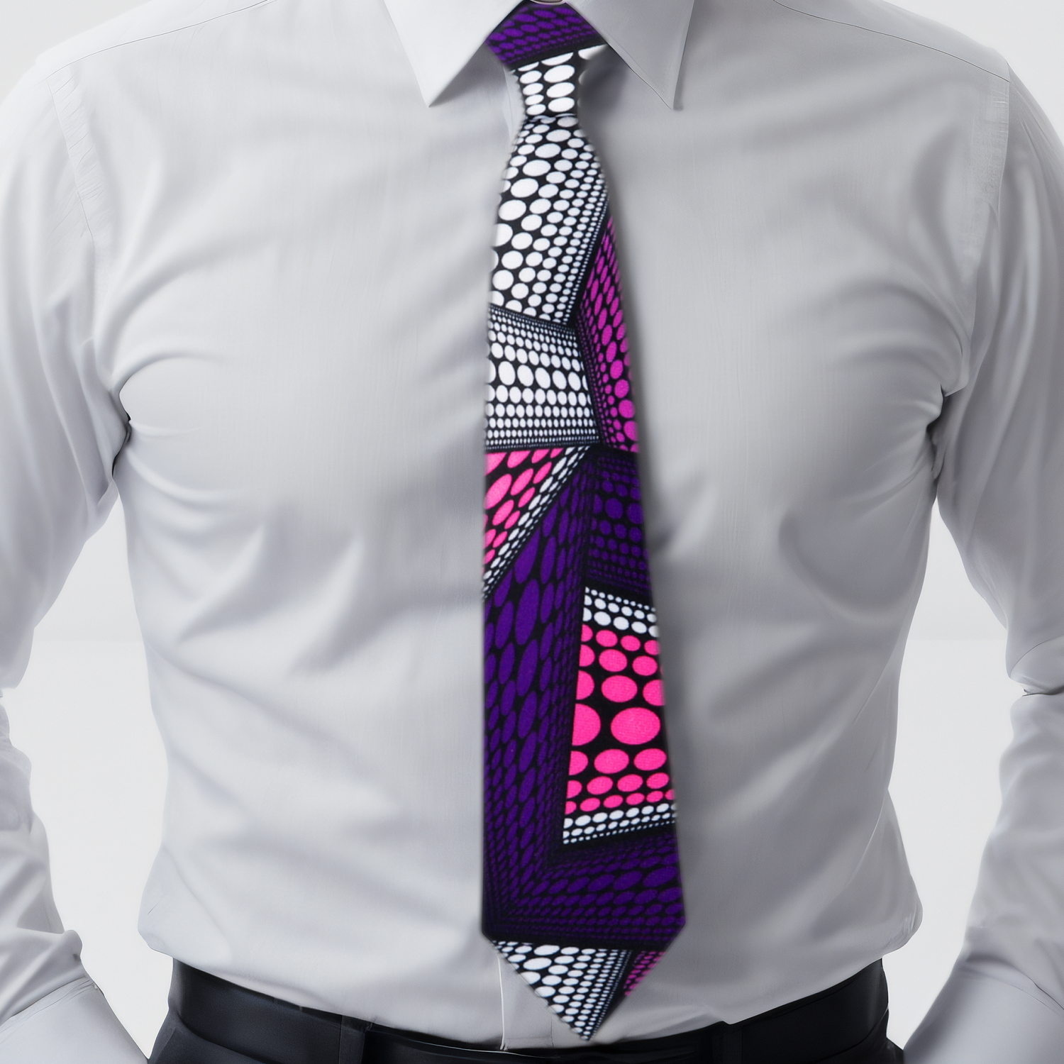 Purple, Pink and White Abstract Polka Necktie on Man Wearing White Shirt