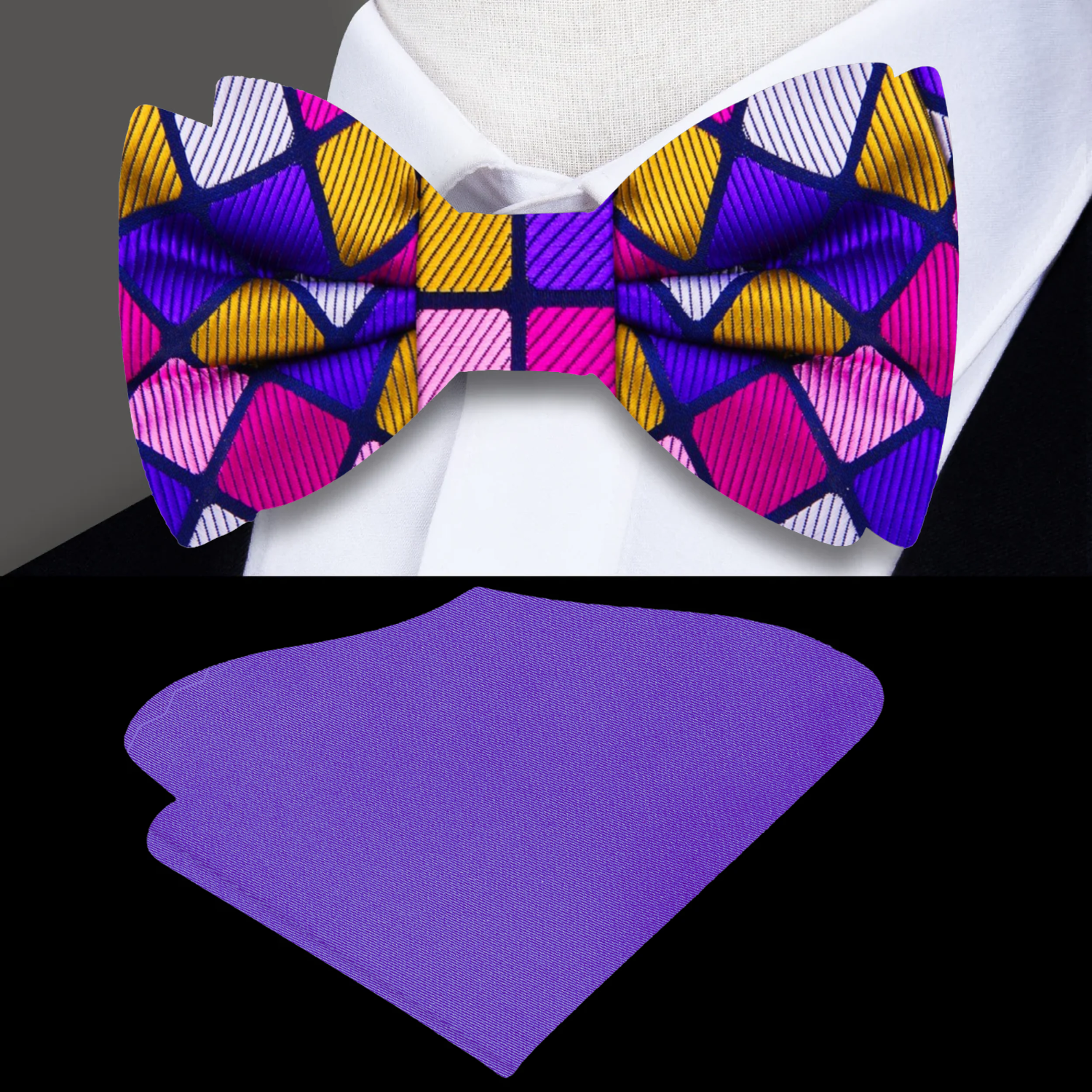 Blue, Pink, Gold Blocks Bow Tie and Purple Square