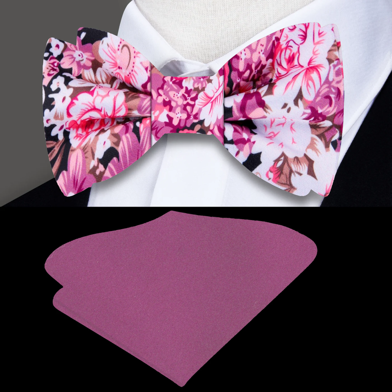 Shades of Purple and Pink with White Flowers Bow Tie and Accenting Pocket Square