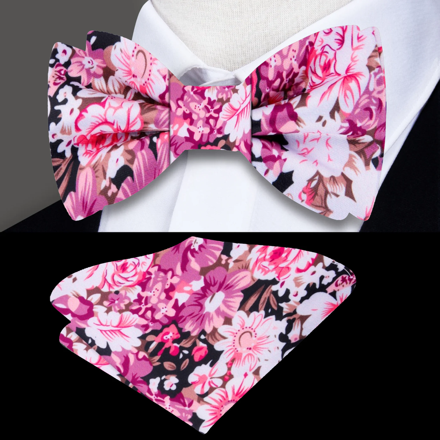 Shades of Purple and Pink with White Flowers Bow Tie and Matching Pocket Square