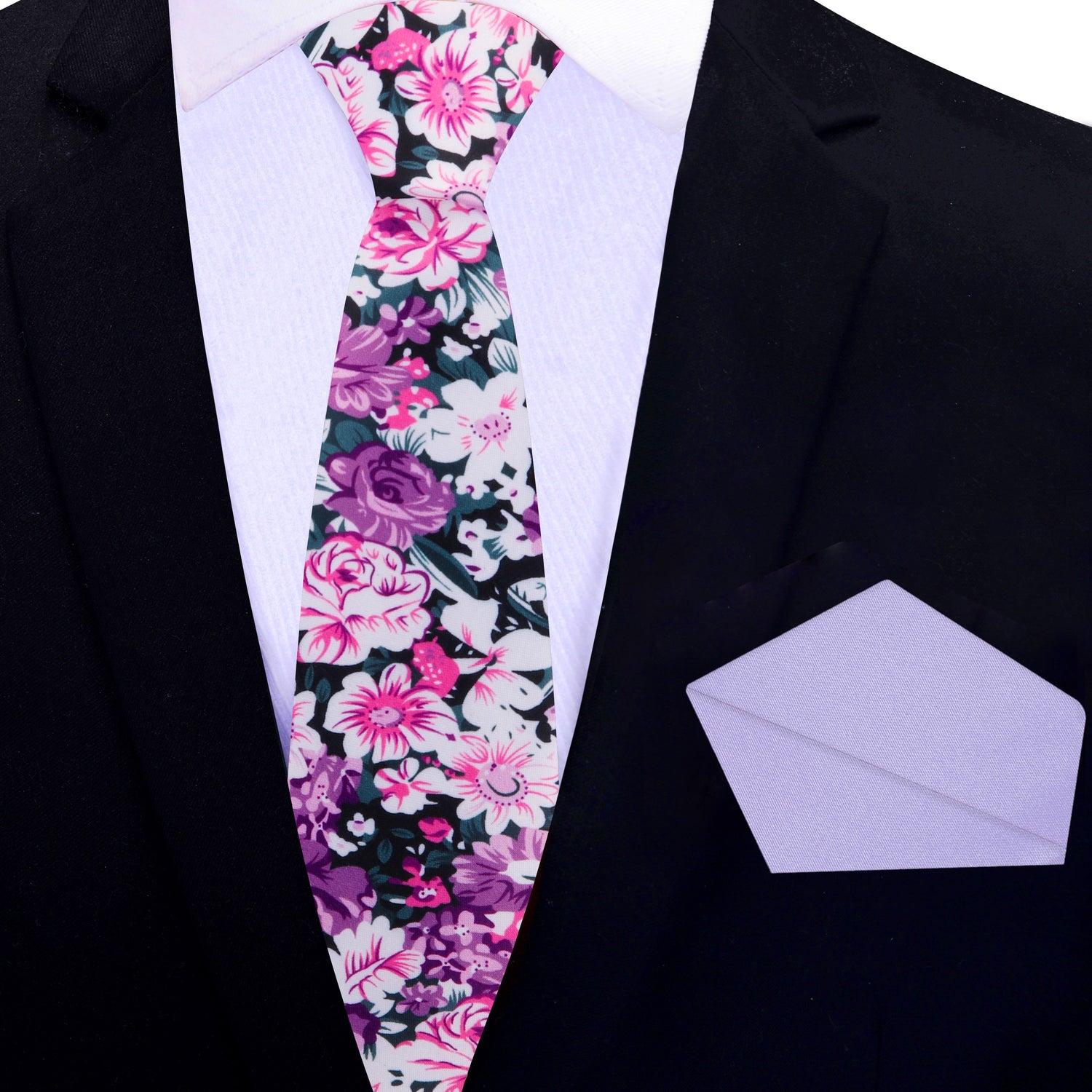 Thin: Pink, Purple, White Sketched Flowers Necktie and Light Purple Square