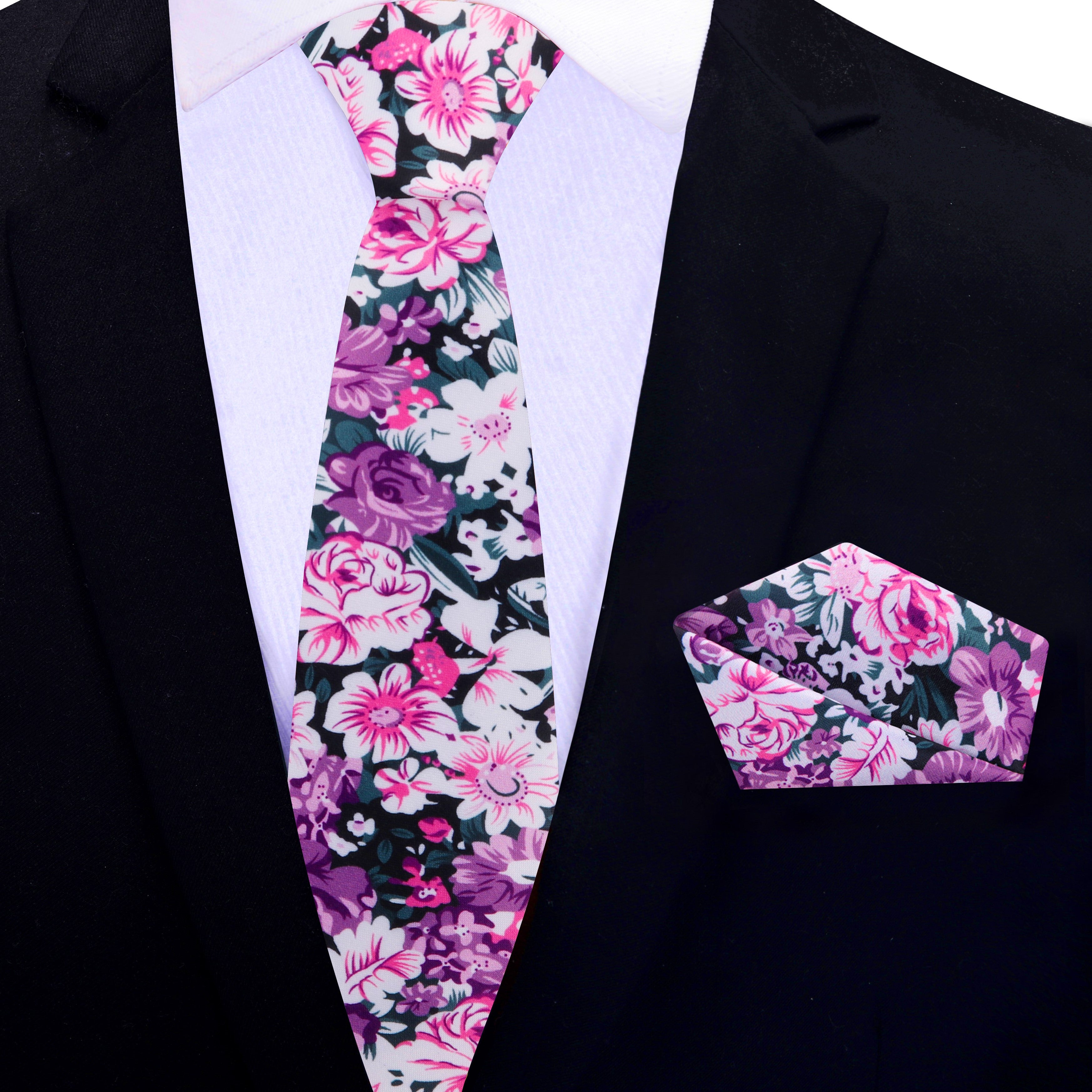 Black Floral Necktie with Pink Purple and White Flowers Necktie & Matching Square / Regular (60") / 2.5" Inches Black Floral Necktie with Pink Purple and White Flowers Necktie & Matching Square / Regular (60") / 2.5" Inches