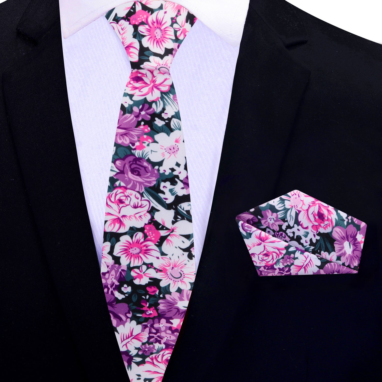 Thin Tie: Pink, Purple, White Sketched Flowers Necktie and Matching Square