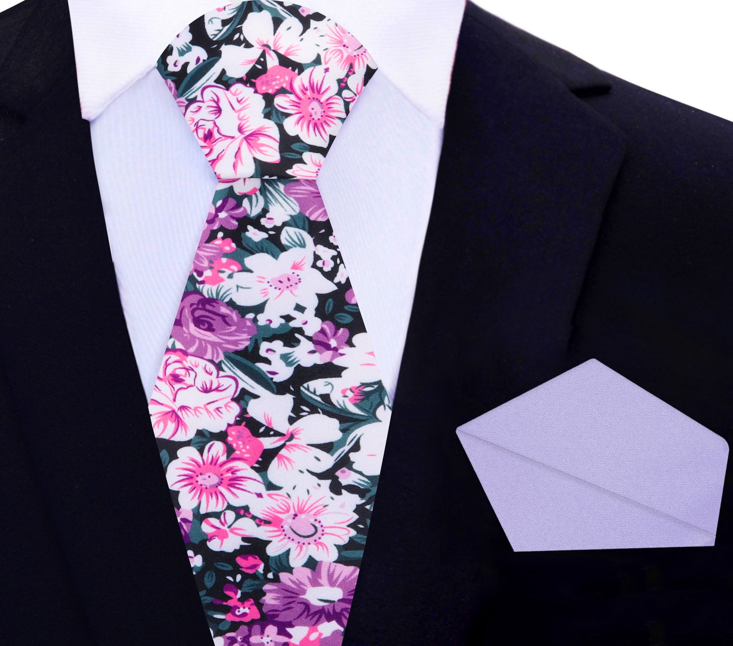 Pink, Purple, White Sketched Flowers Necktie and Light Purple Square