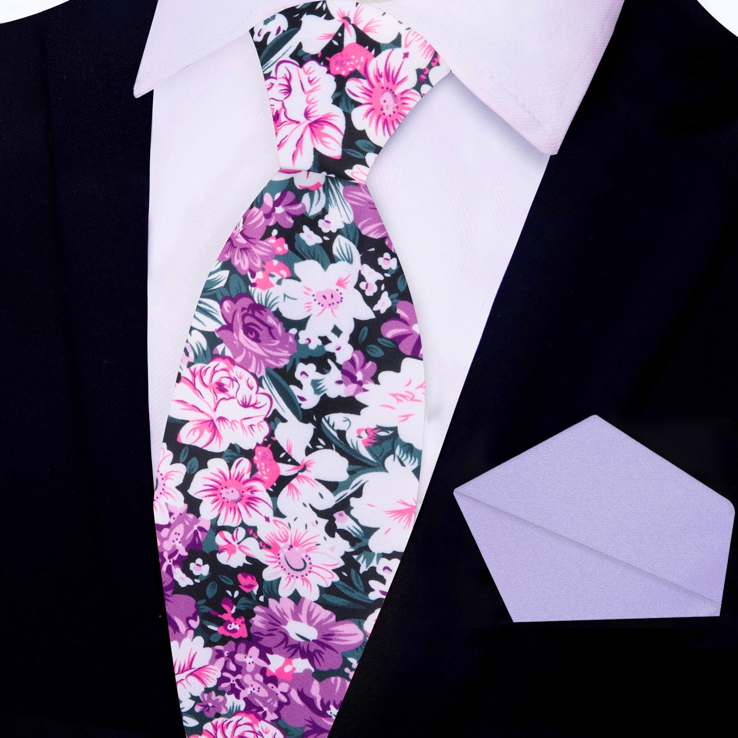 View 2: Pink, Purple, White Sketched Flowers Necktie and Light Purple Square