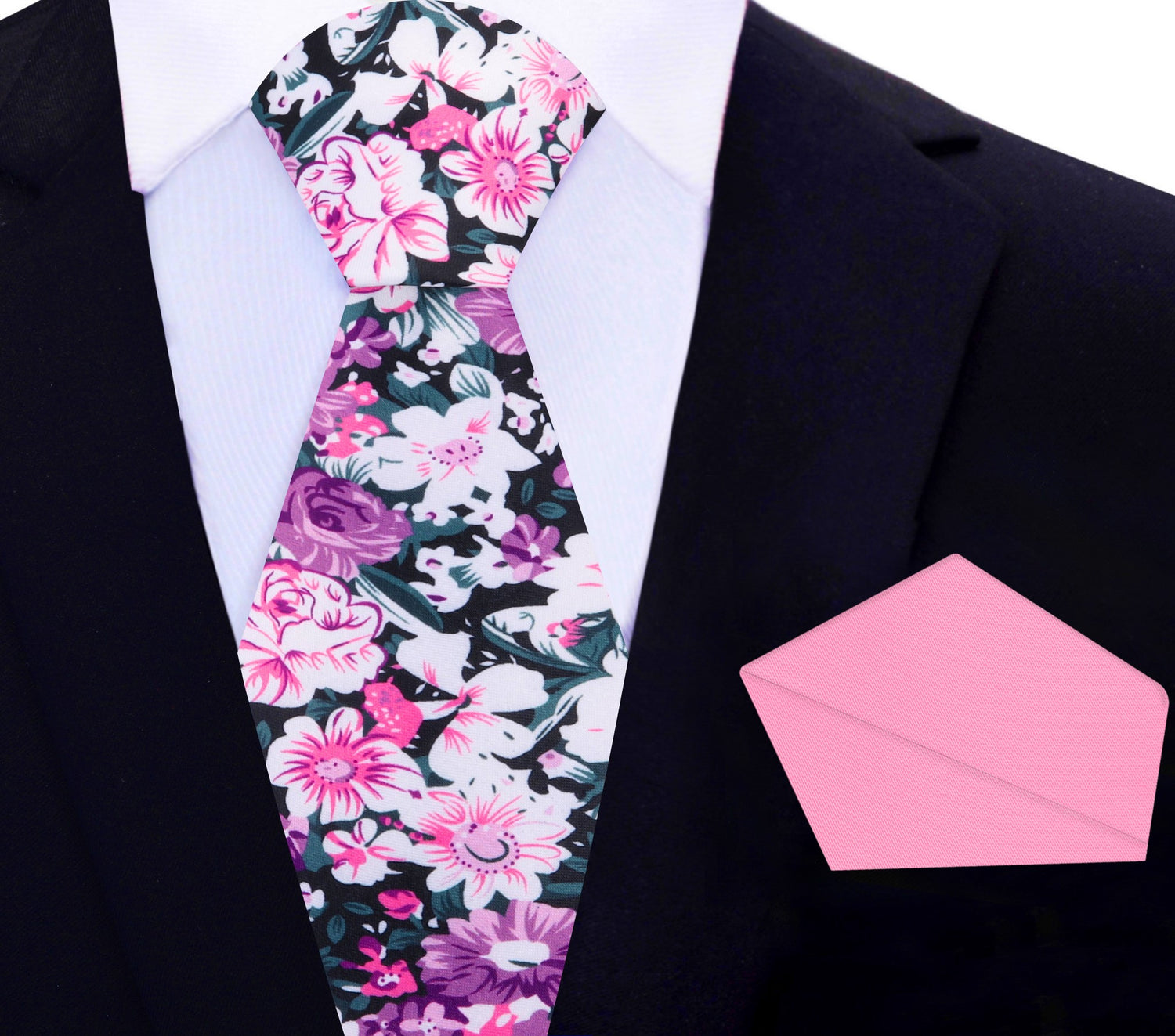 Pink, Purple, White Sketched Flowers Necktie and Pink Square
