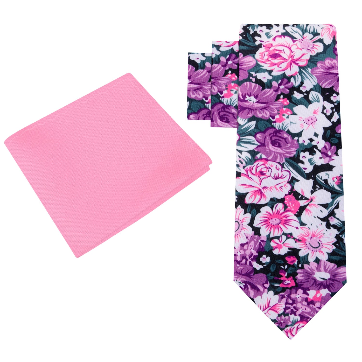 Alt view: Pink, Purple, White Sketched Flowers Necktie and Pink Square