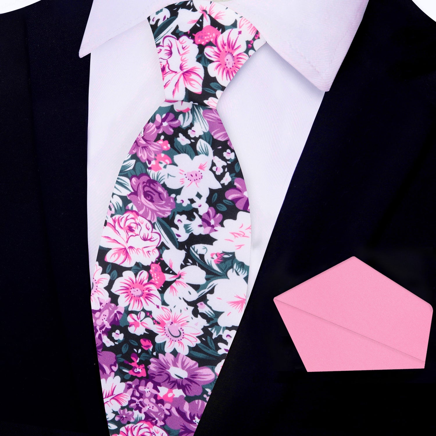 View 2: Pink, Purple, White Sketched Flowers Necktie and Pink Square