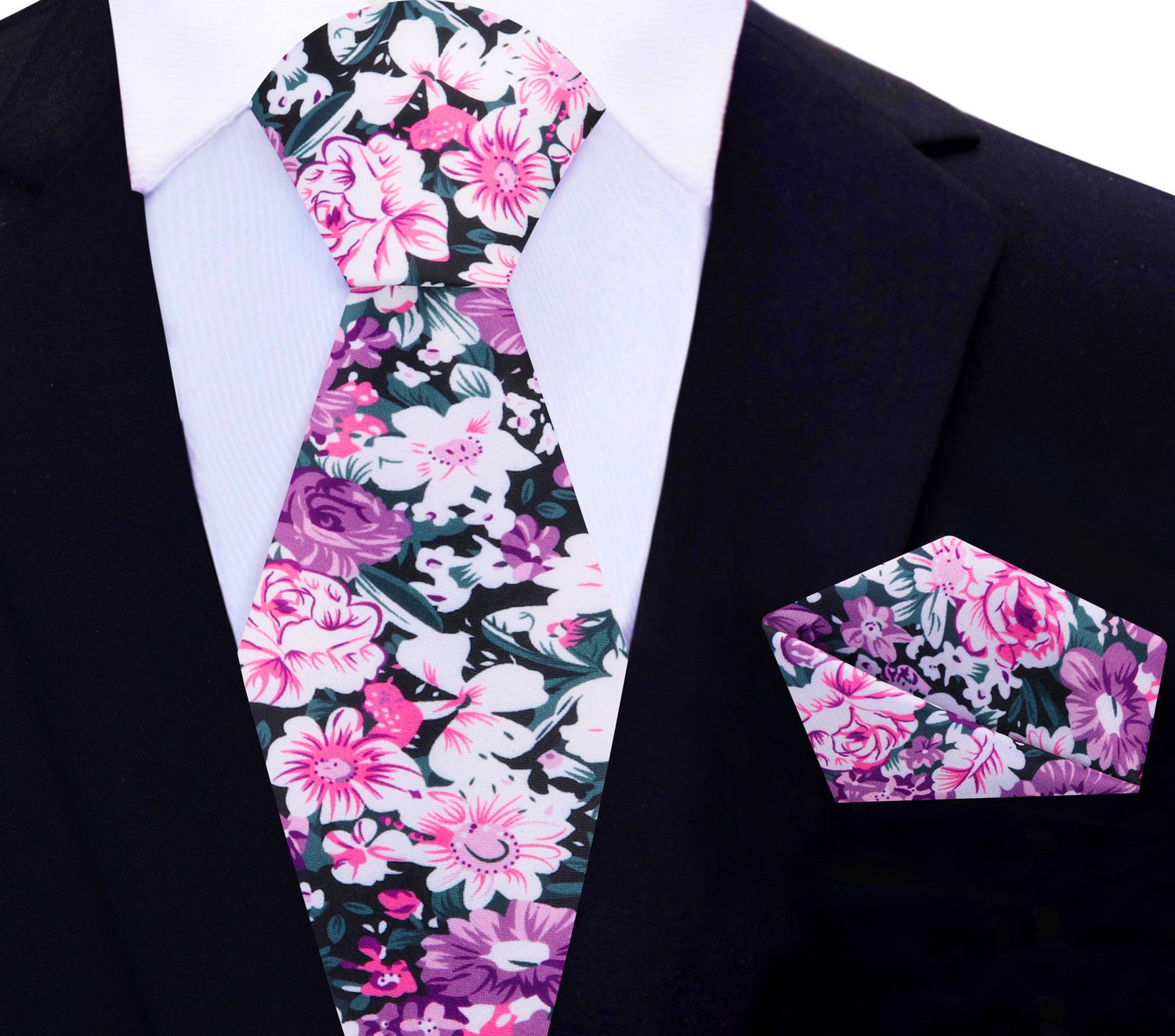 Pink, Purple, White Sketched Flowers Necktie and Matching Square