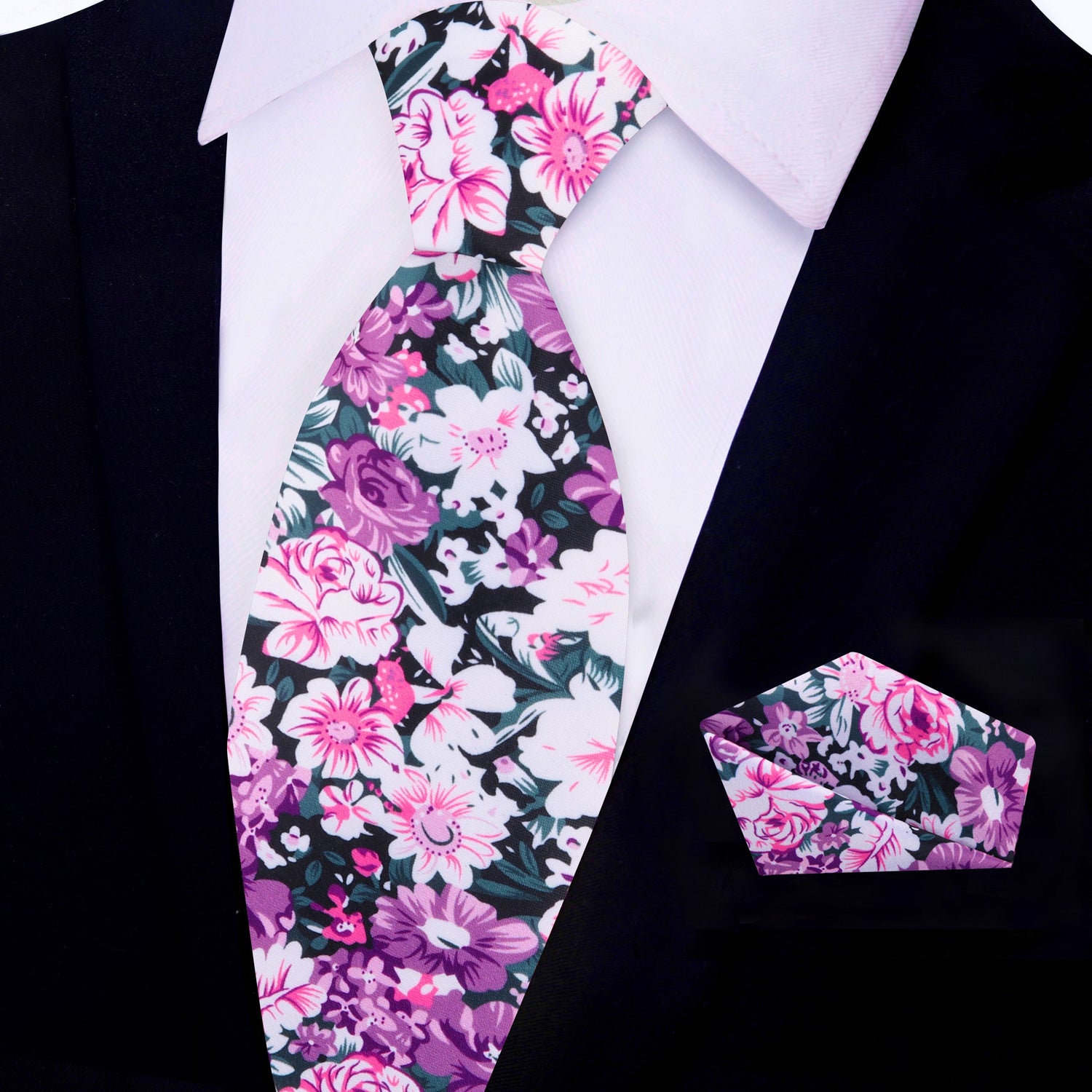 View 2: Pink, Purple, White Sketched Flowers Necktie and Matching Square