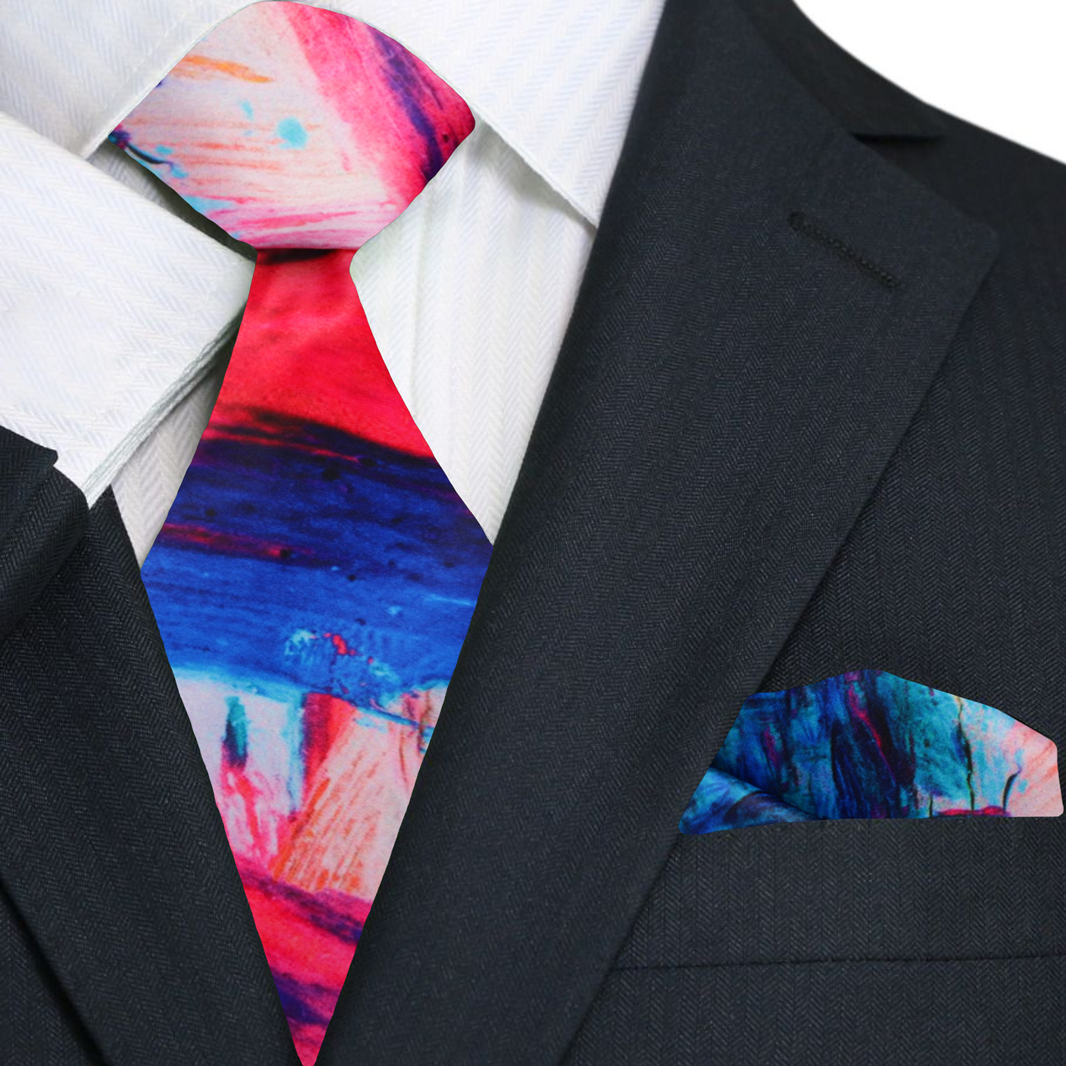 Red, Blue, Pink Abstract Watercolor Tie and Pocket Square Main