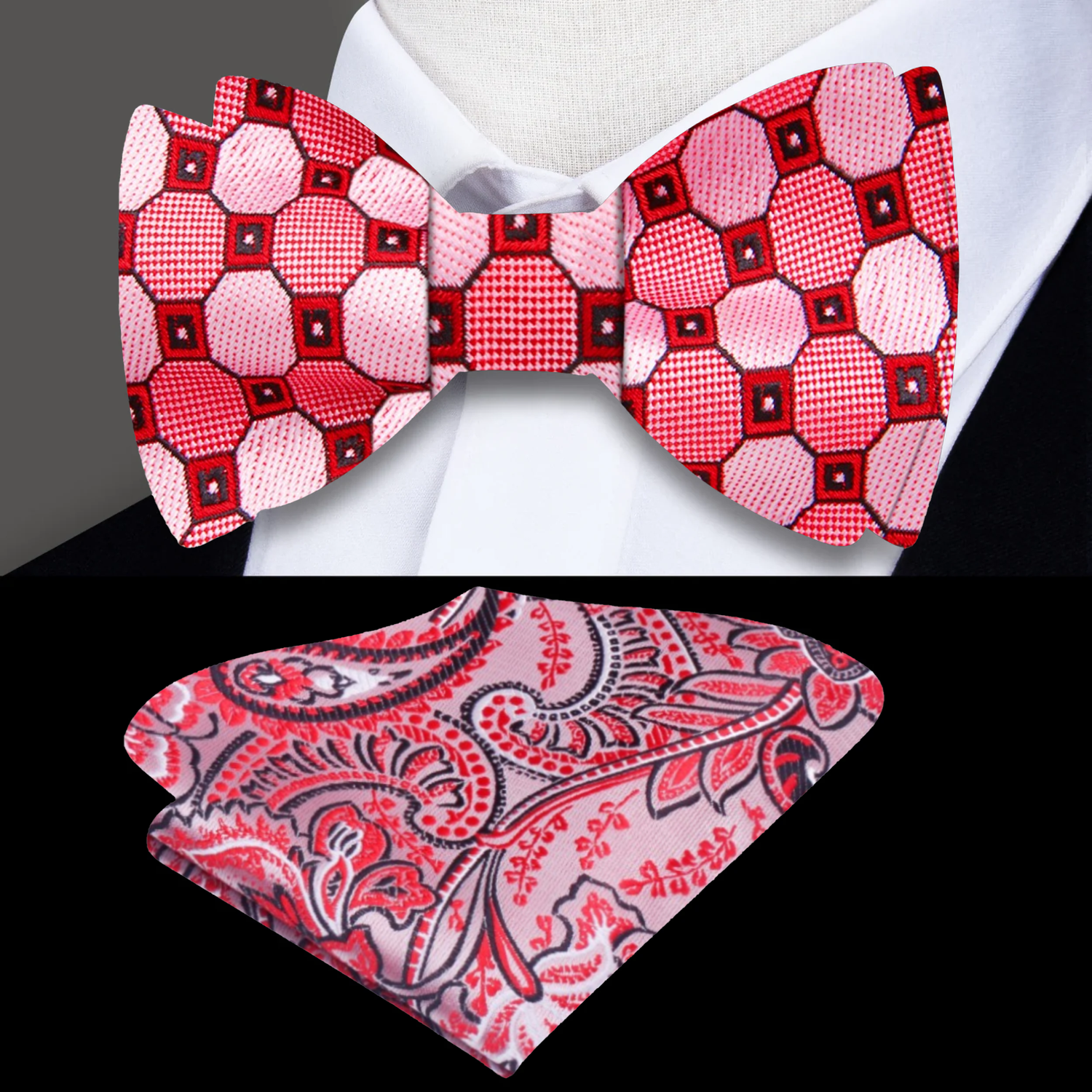 A Red, Pink Geometric Pattern Silk Self Tie Bow Tie, Accenting Pocket Square