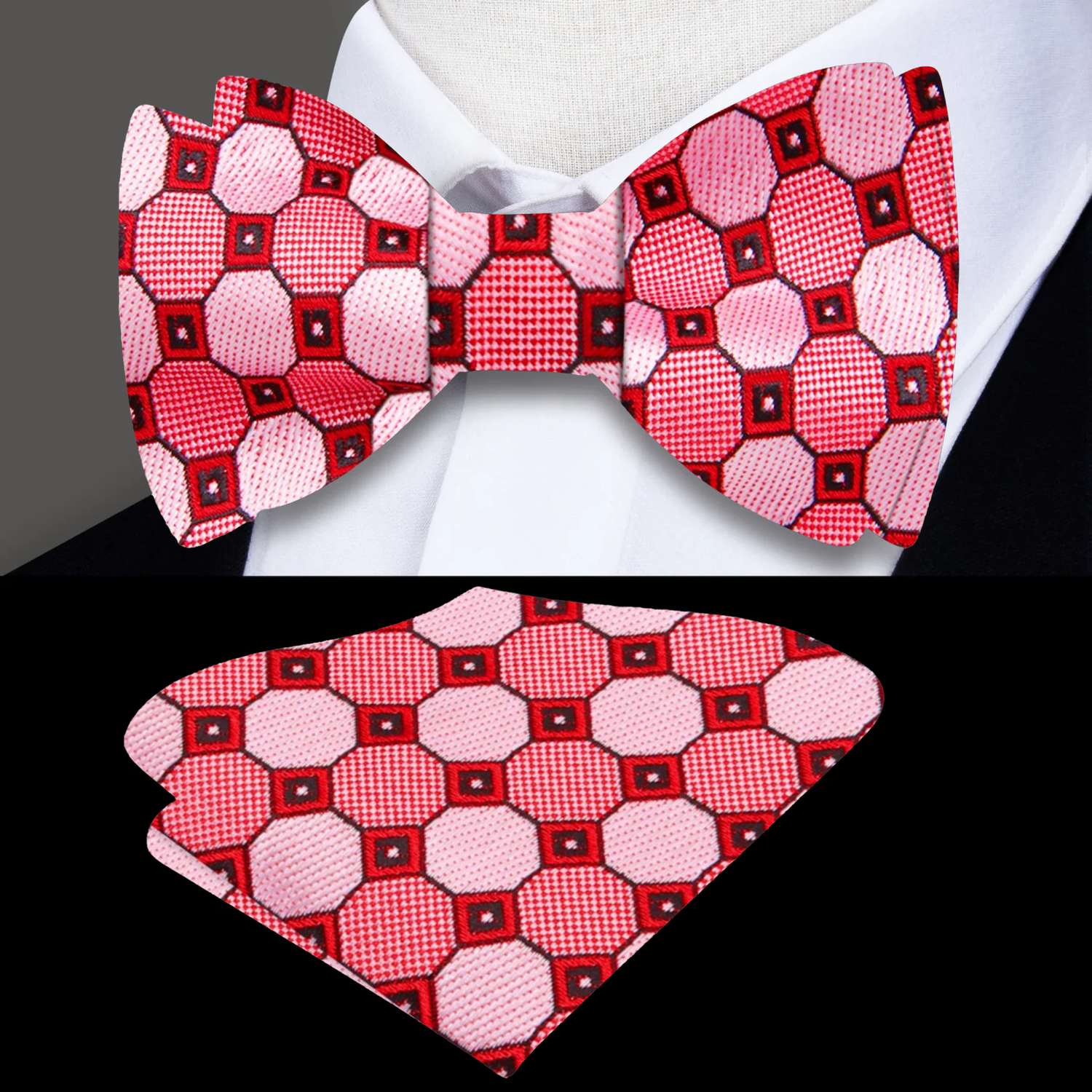 A Red, Pink Geometric Pattern Silk Self Tie Bow Tie, Matching Pocket Square
