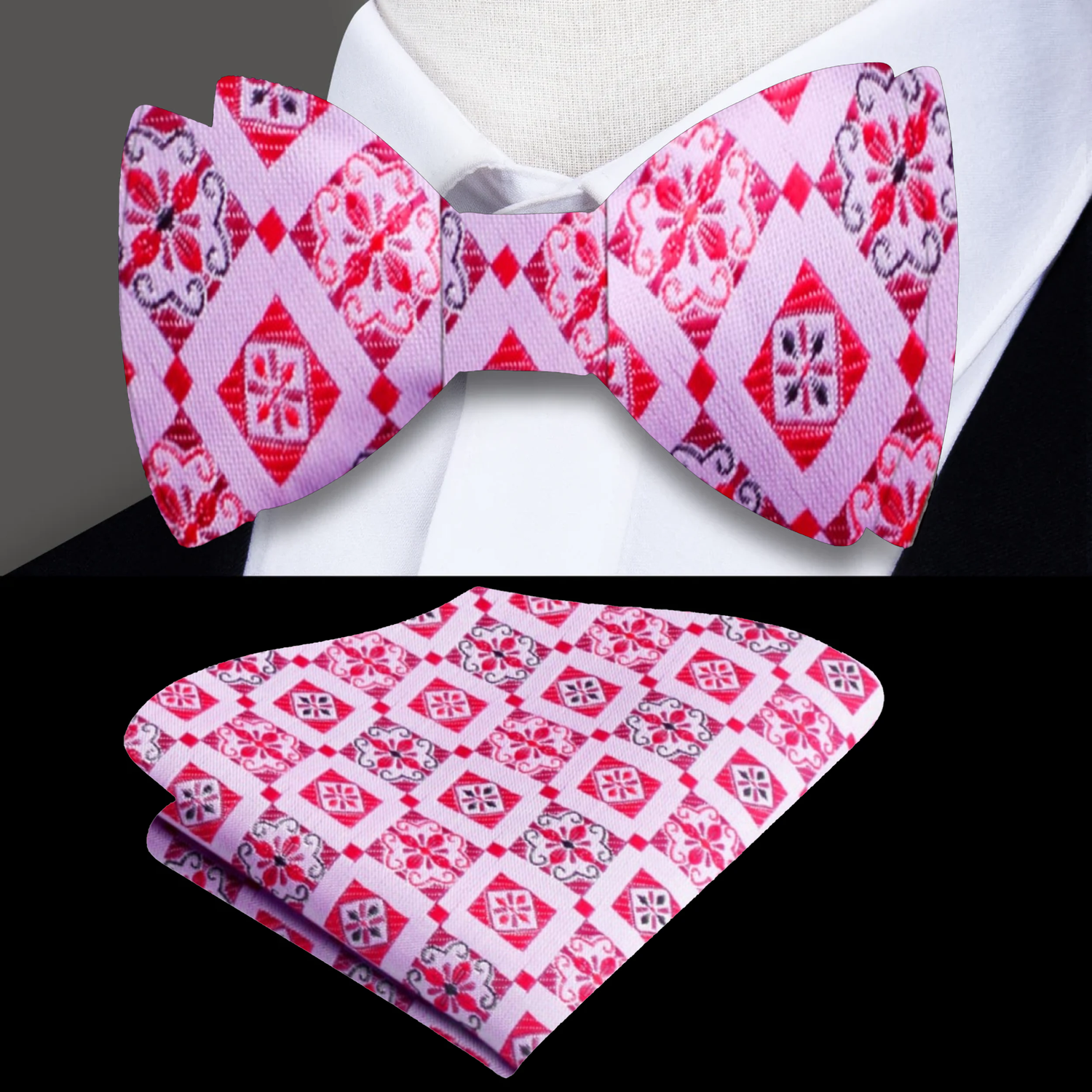 Light Pink and Red Geometric Bow Tie and Square
