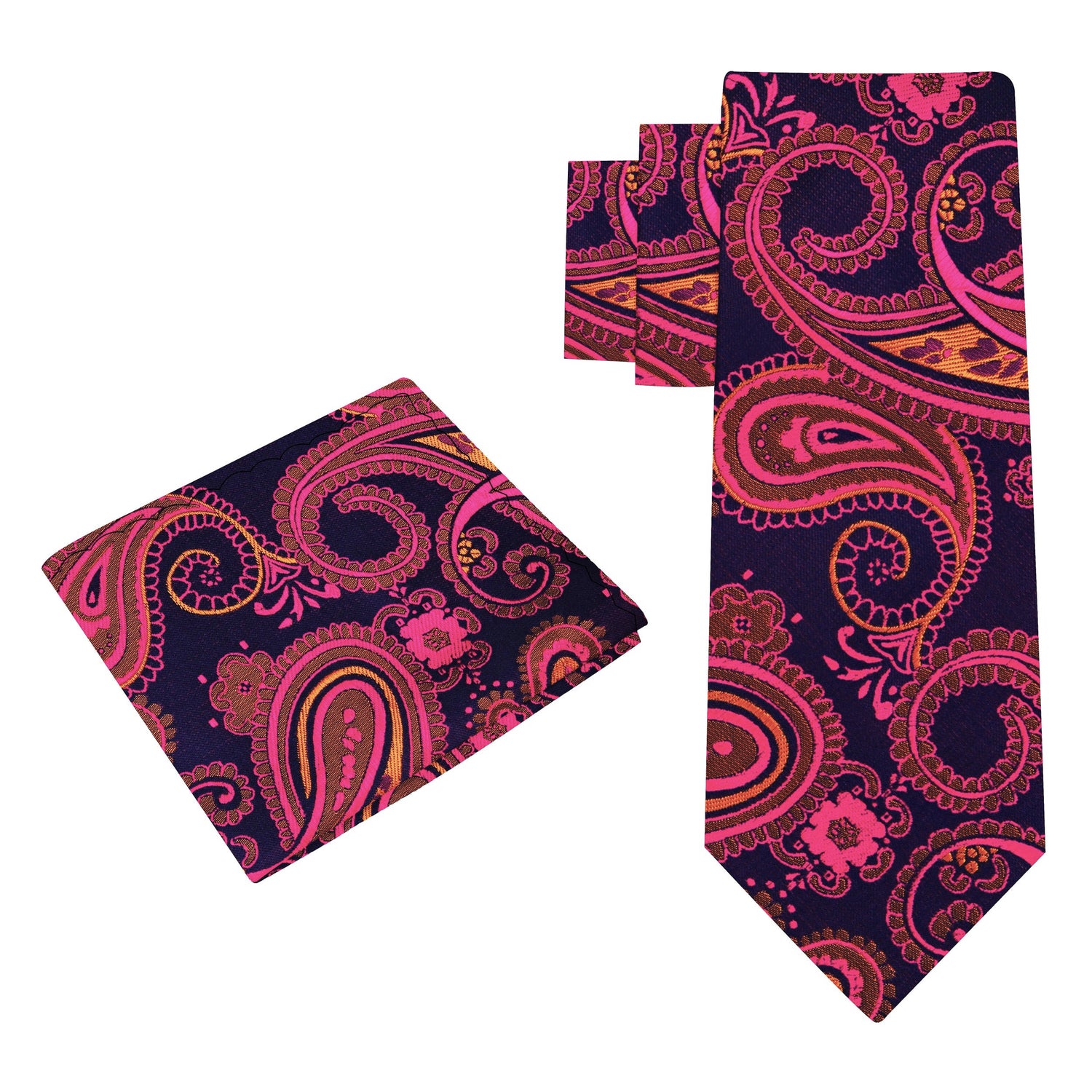 Alt View; A Ruby, Orange Paisley Pattern Silk Necktie, With Matching Pocket Square