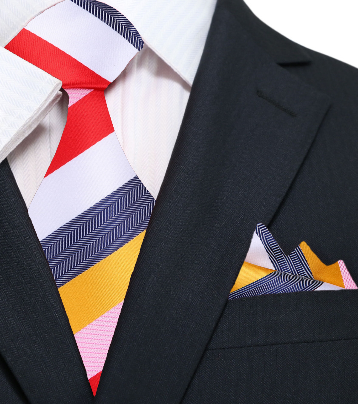 Main: Yellow, White, Pink, Red Stripe Tie and Pocket Square||Red, White, Yellow, Pink