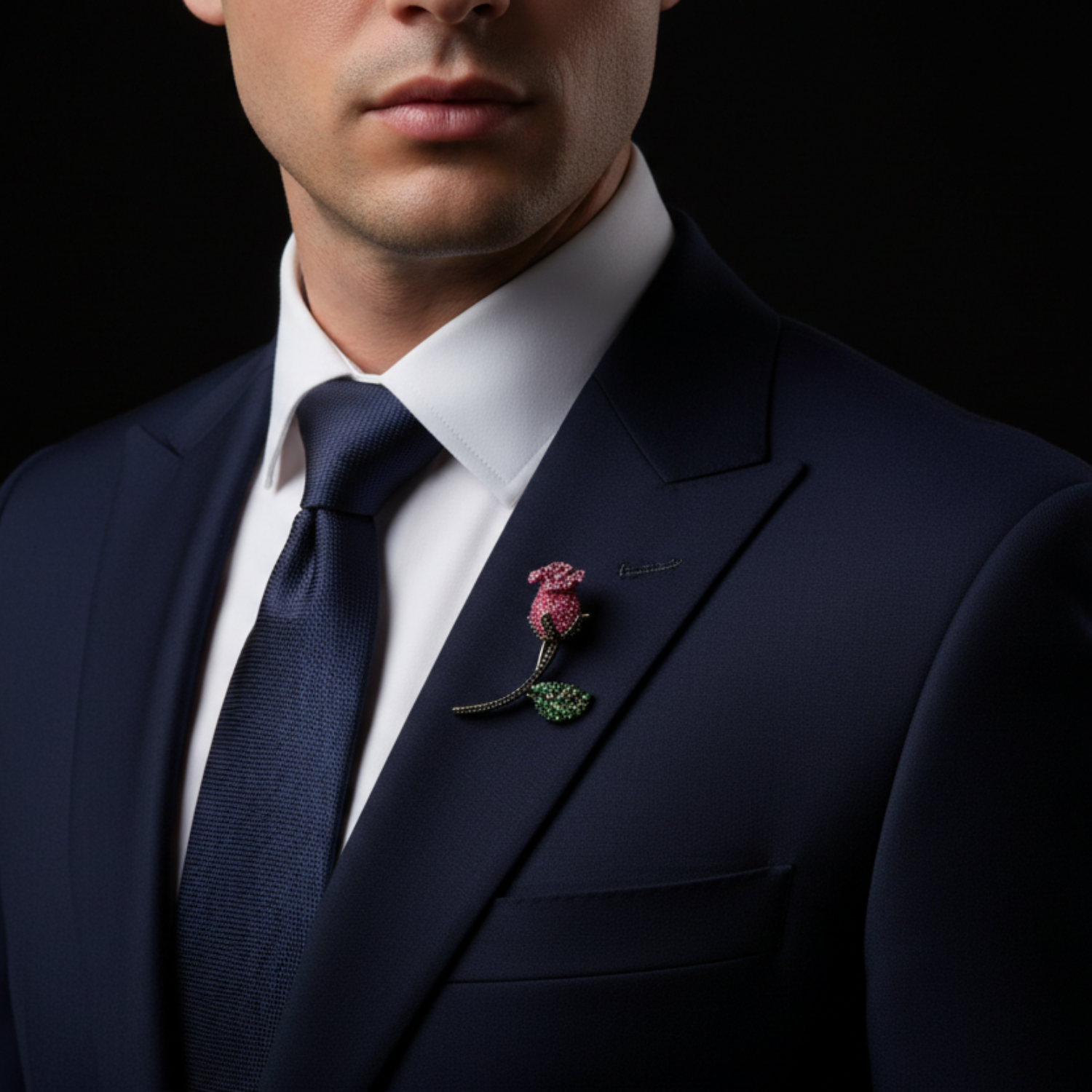 Man wearing a dark suit with a pink flower boutonniere on a black background