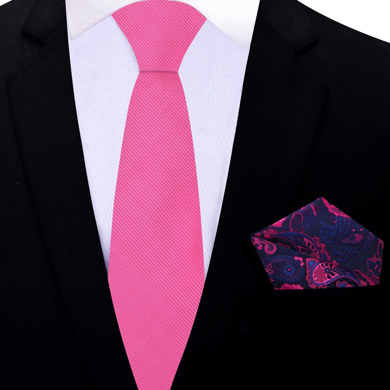 Thin: Solid Pink Necktie with Blue and Pink Paisley Pocket Square