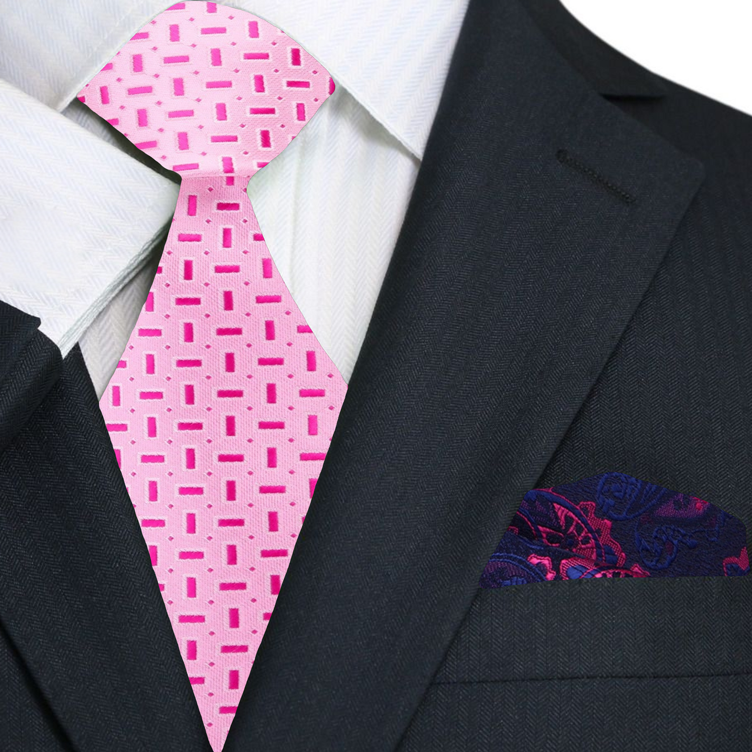 Primary: Shades of Pink Geometric Necktie and Blue, Pink Paisley Square