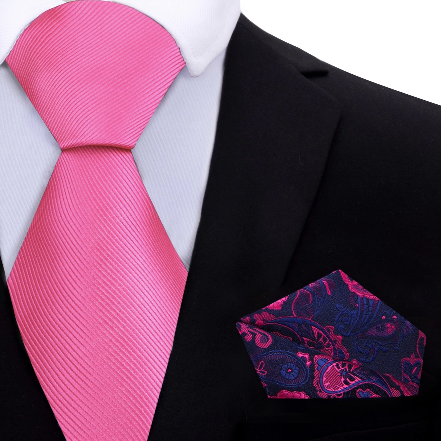 Solid Pink Necktie with Blue and Pink Paisley Pocket Square