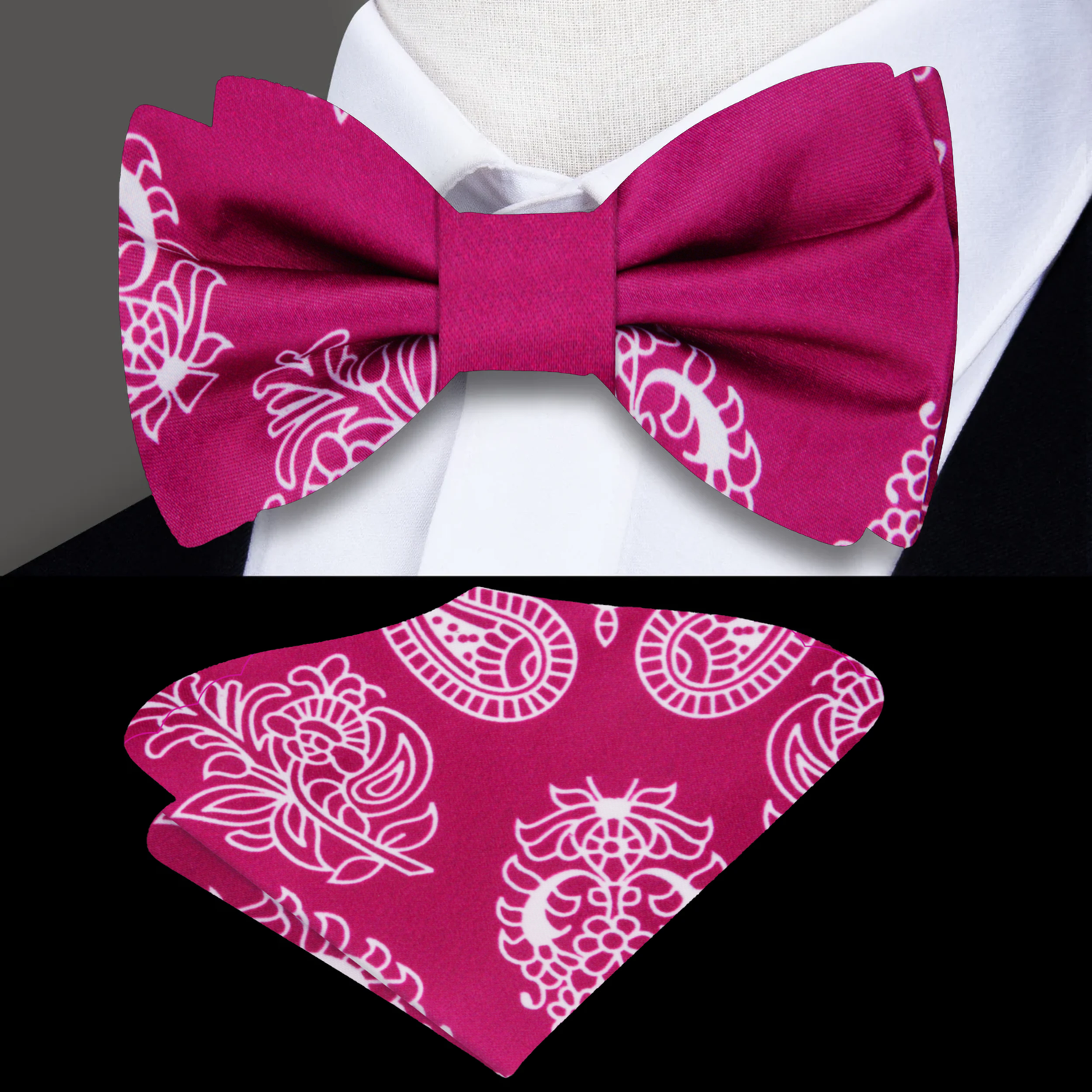 Raspberry, White Paisley Bow Tie and Pocket Square